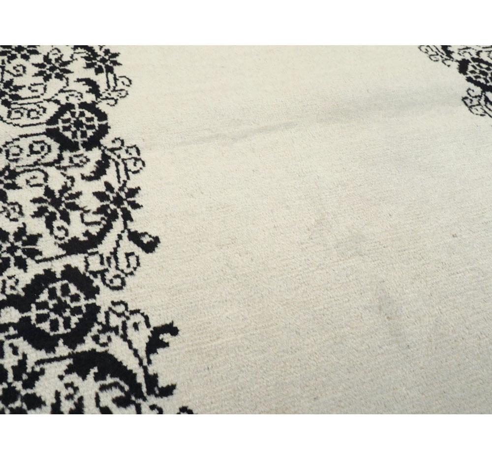 Hand-Knotted European Inspired Mid-20th Century Persian Tabriz Black and White Runner Rug For Sale