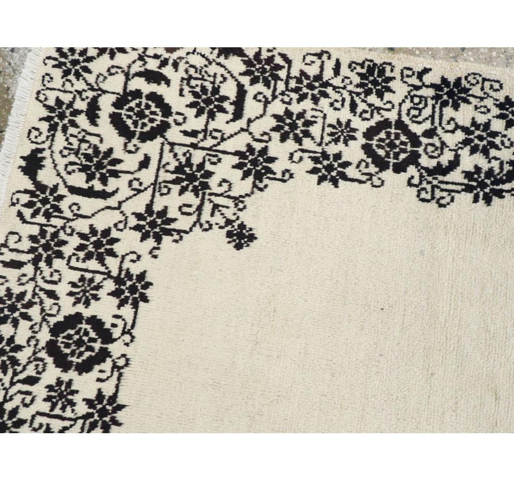 Wool European Inspired Mid-20th Century Persian Tabriz Black and White Runner Rug For Sale
