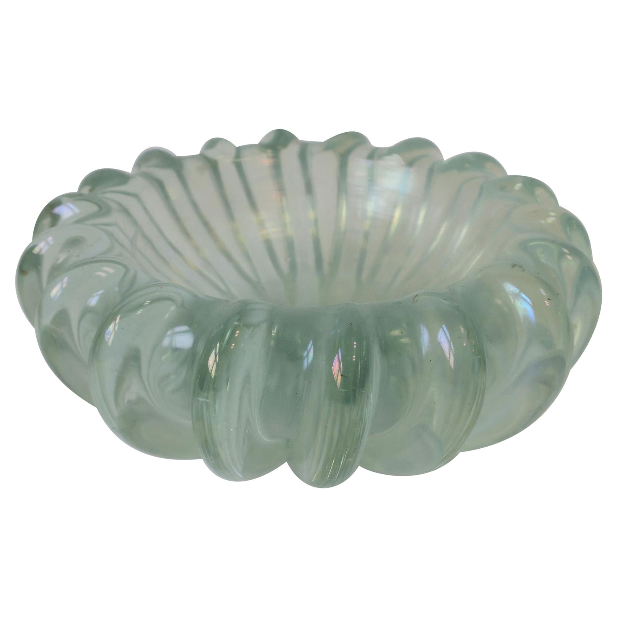 Italian Murano Art Glass Bowl with Iridescent Hue and Fluted Design For Sale