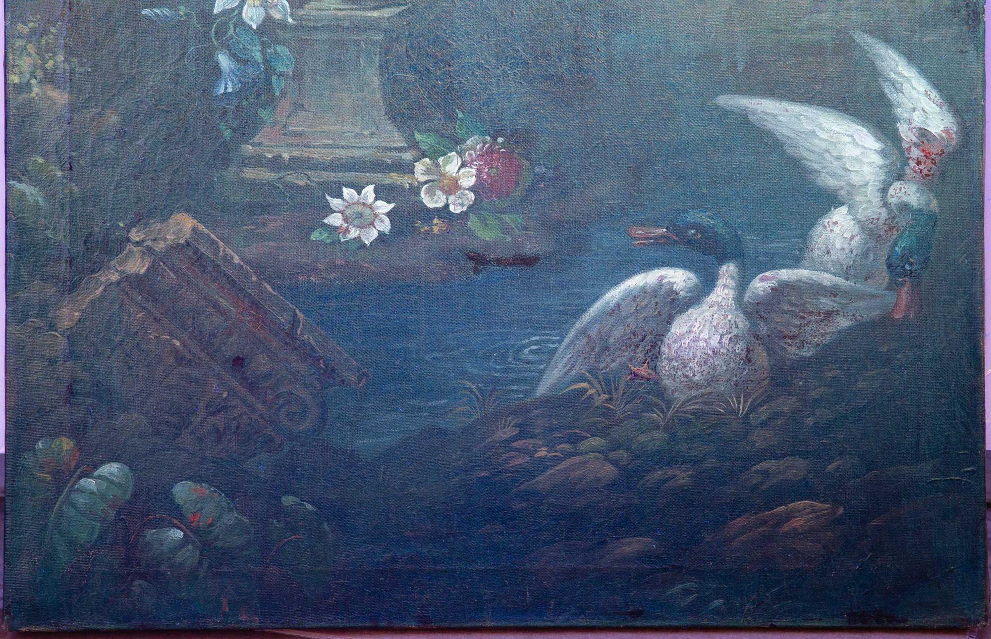 European Italianate “Ducks in a Garden” Landscape Painting, 19th Century 8