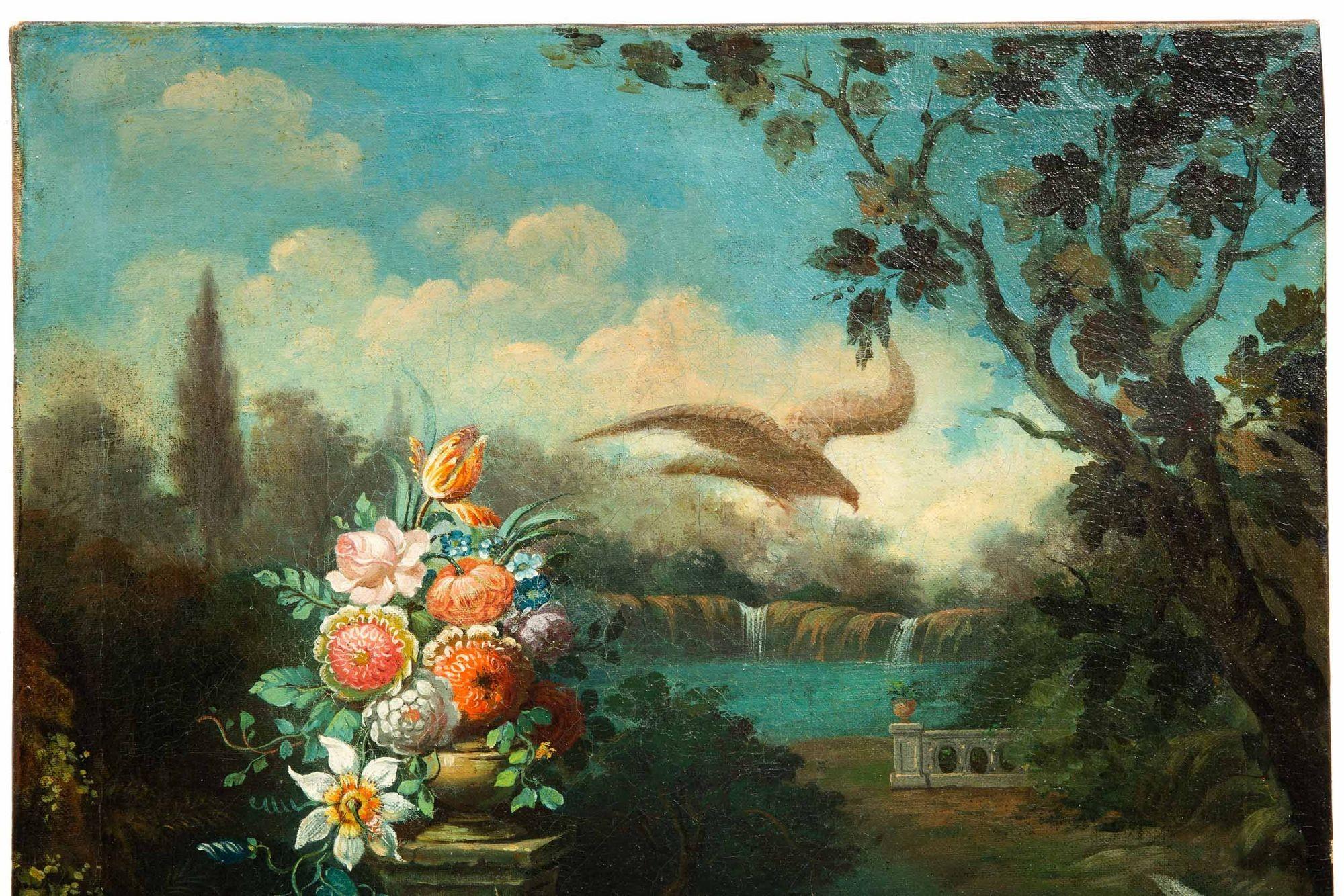 Neoclassical European Italianate “Ducks in a Garden” Landscape Painting, 19th Century