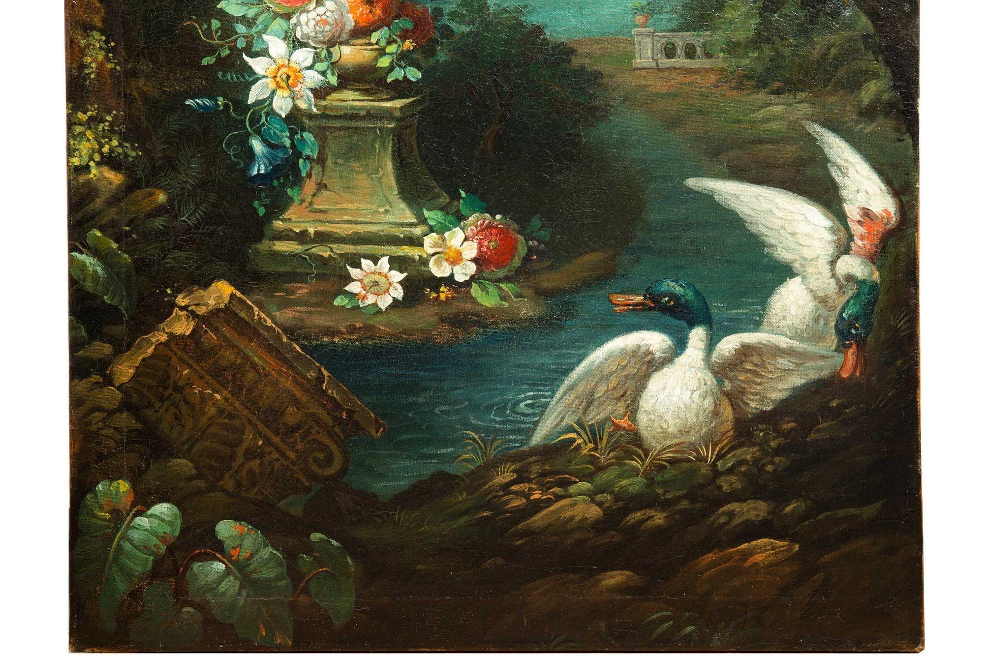 European Italianate “Ducks in a Garden” Landscape Painting, 19th Century In Good Condition In Shippensburg, PA