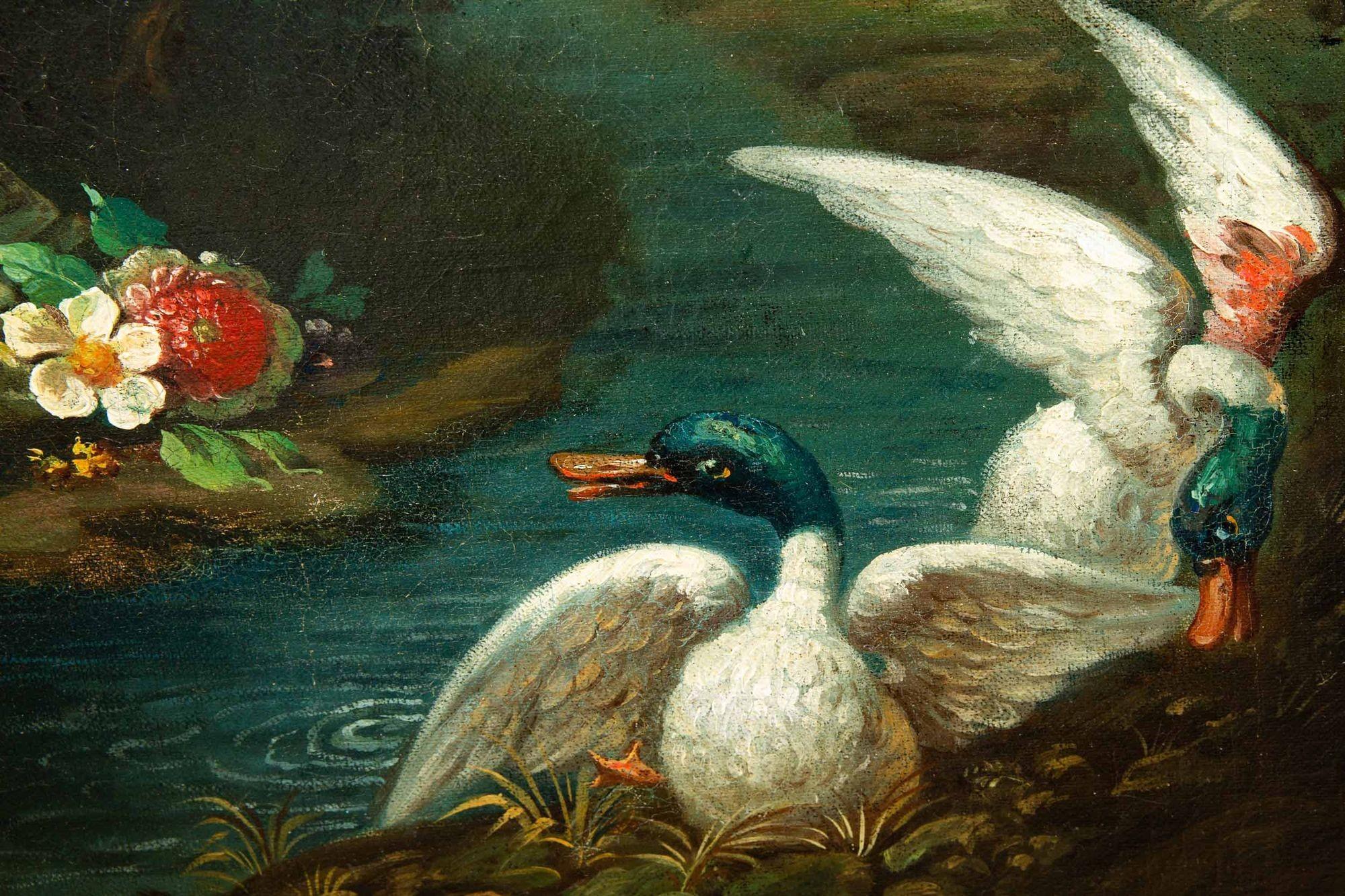 Europäische italienische Enten in einer Gartenlandschaft, Gemälde, 19. Jahrhundert im Angebot 1