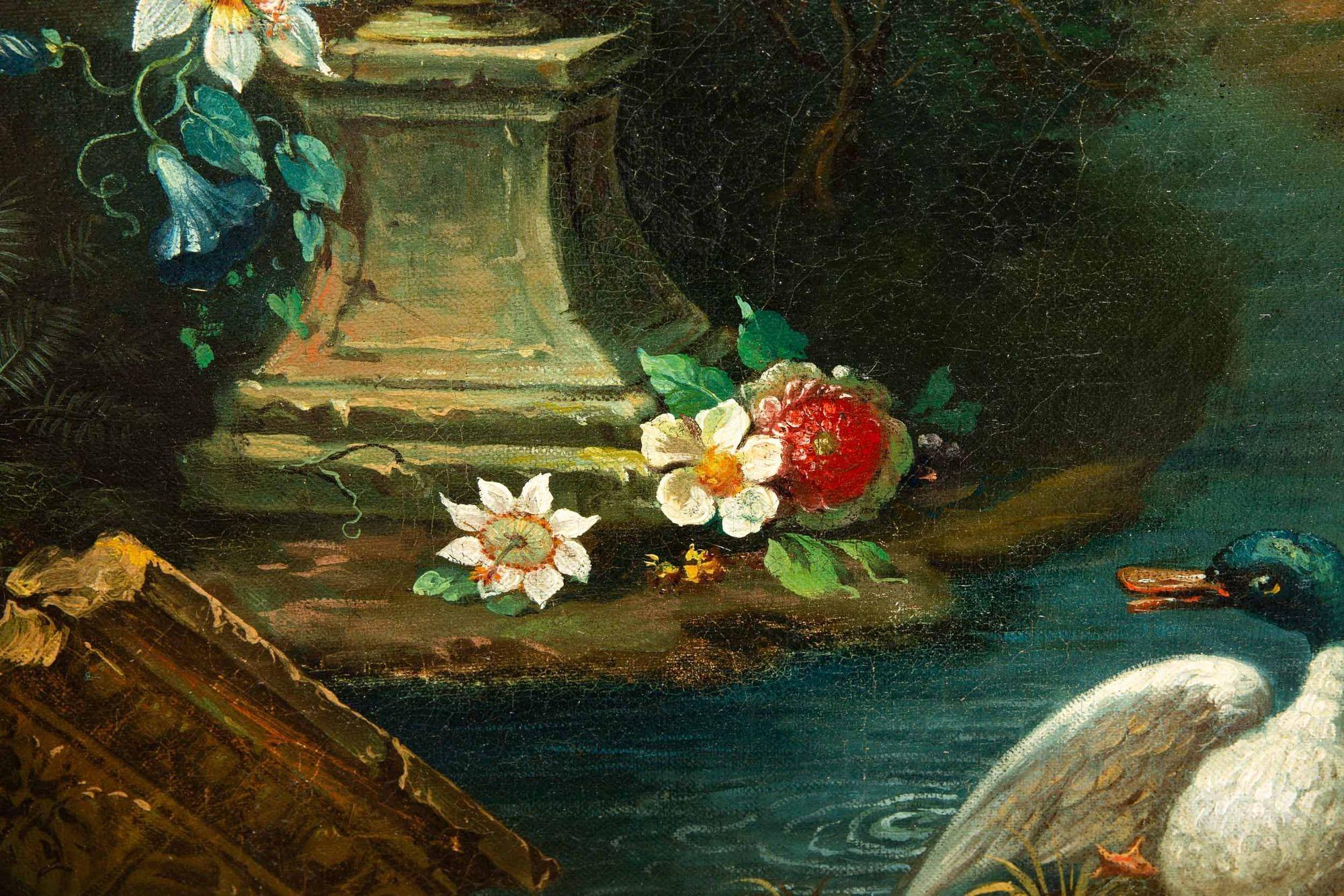 European Italianate “Ducks in a Garden” Landscape Painting, 19th Century 5