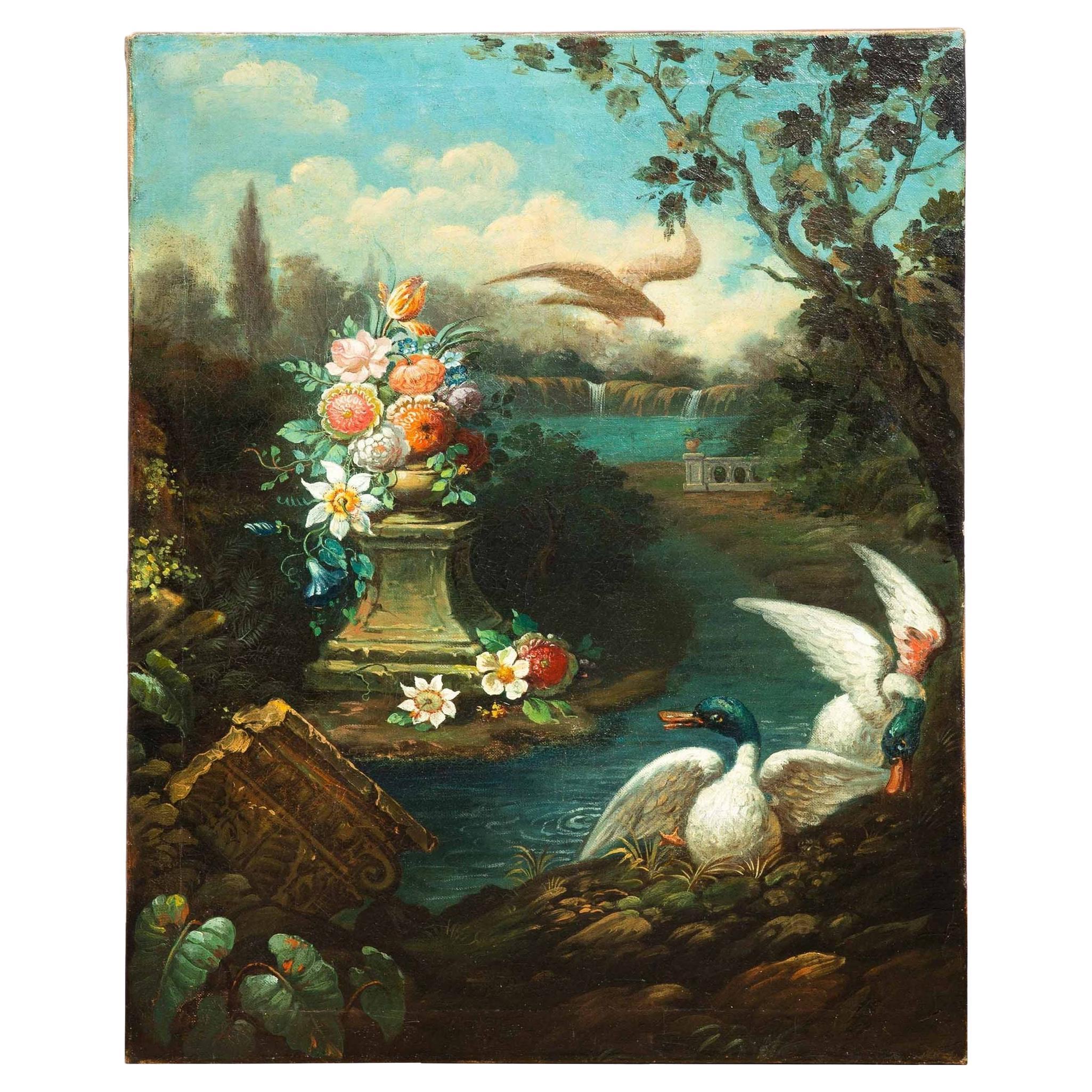 European Italianate “Ducks in a Garden” Landscape Painting, 19th Century