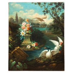 Antique European Italianate “Ducks in a Garden” Landscape Painting, 19th Century