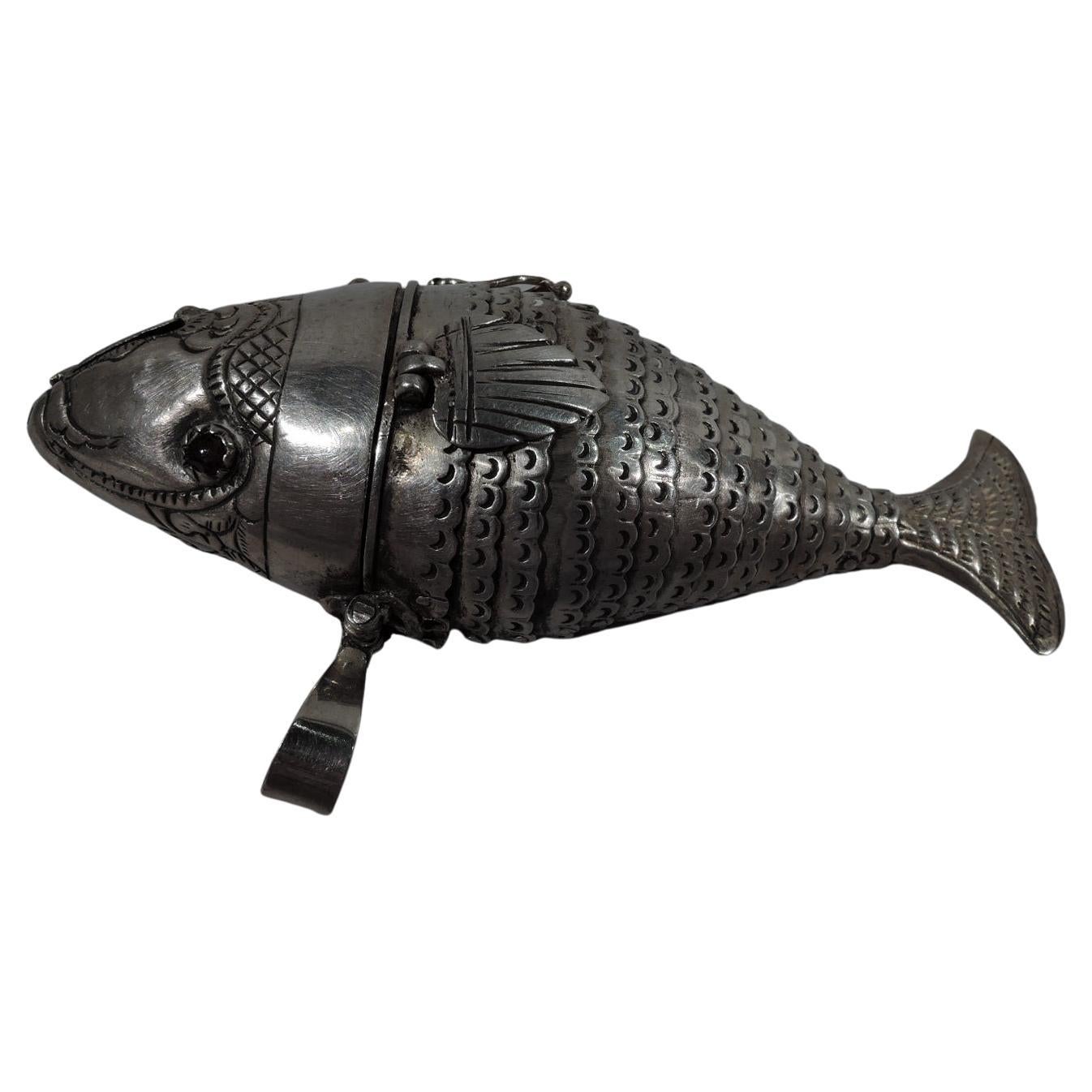 European Japonesque Silver Spice Box in Form of Articulated Fish