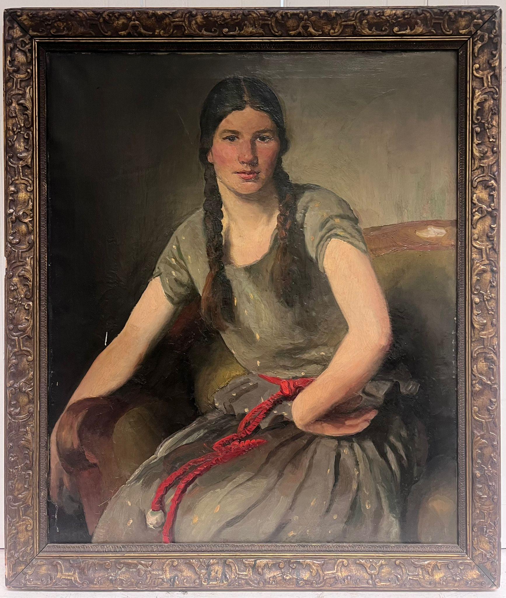 Großes antikes europäisches Porträt eines Mädchens mit Plaketten in Haar, Öl auf Leinwand – Painting von European Late 19thC