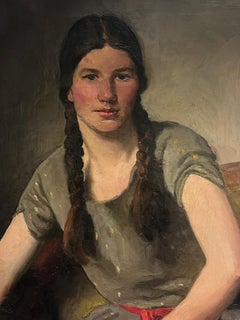 Huge Antique European Portrait of Girl with Plaits in Hair oil on canvas
