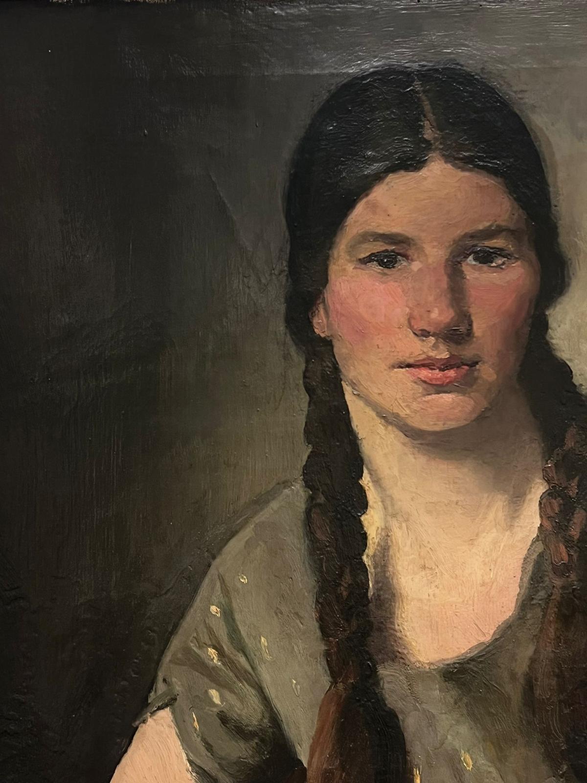 Huge Antique European Portrait of Girl with Plaits in Hair oil on canvas - Victorian Painting by European Late 19thC