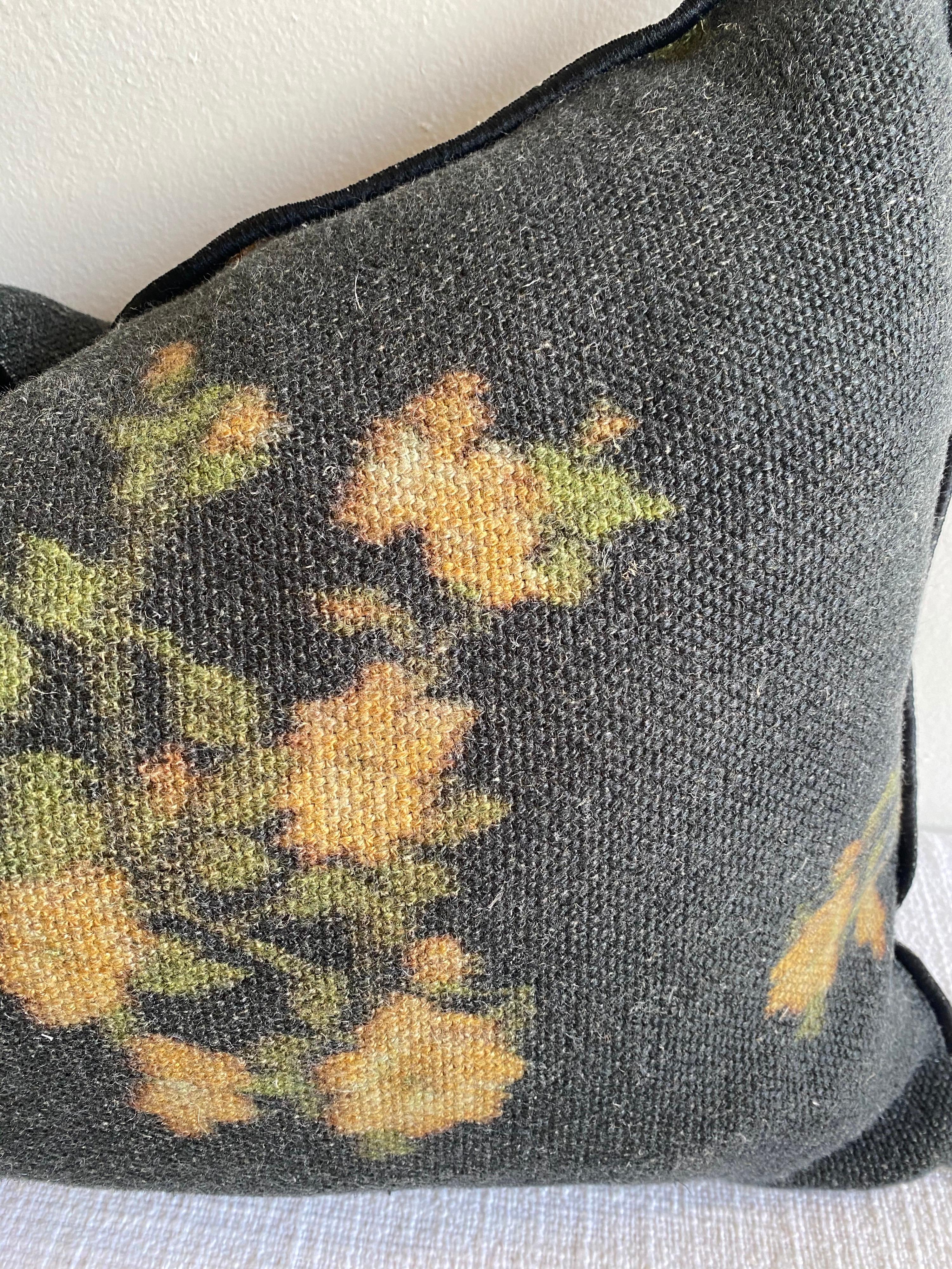 Created from a heavy thick stone washed black linen, with gold tone faded roses and green leaves. Our pillows are constructed with vintage one of a kind textiles from around the globe. Includes a down feather insert. Limited quantities available,