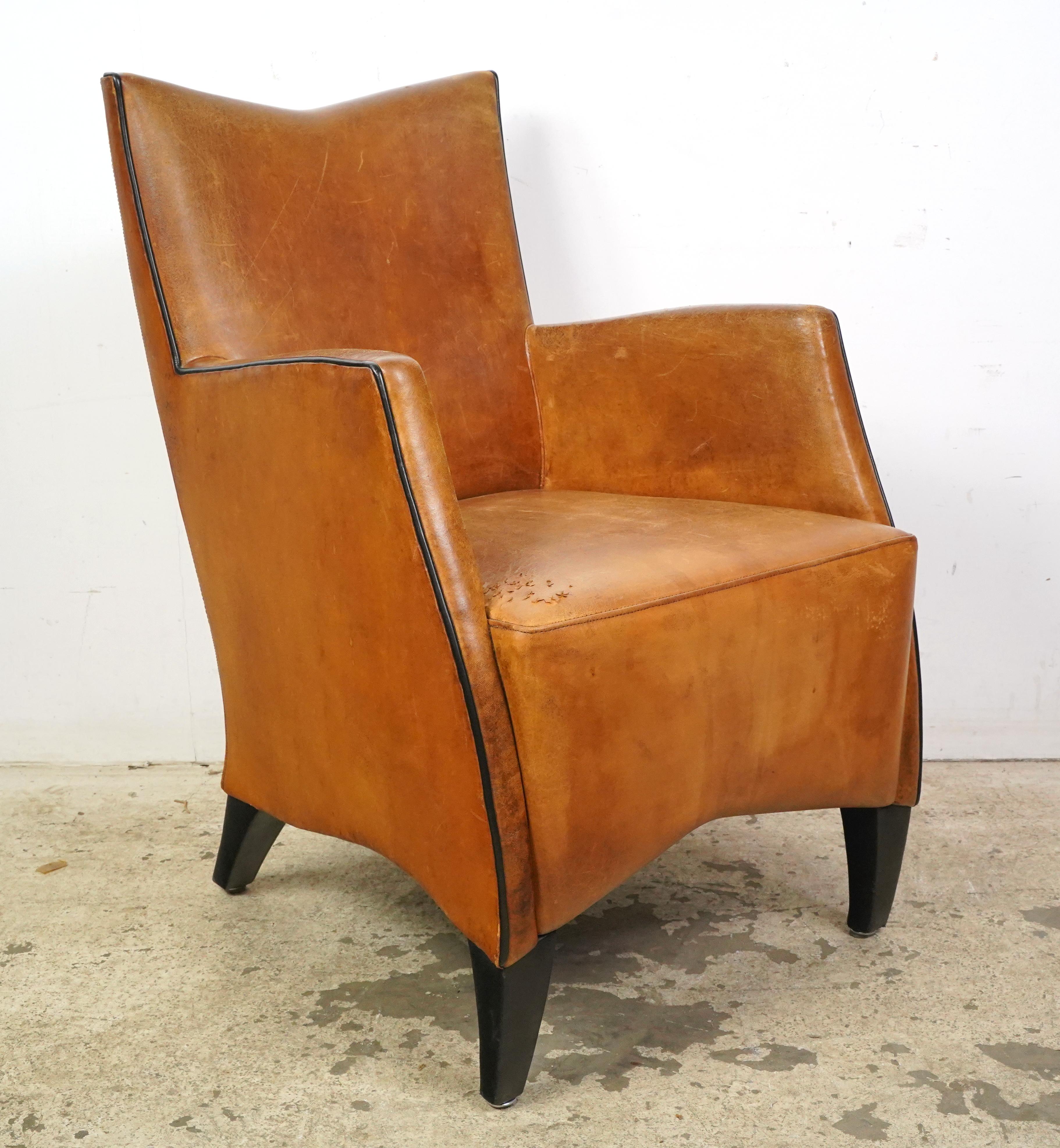 French European Mid-Century Brown Leather Arm Dining Chairs For Sale