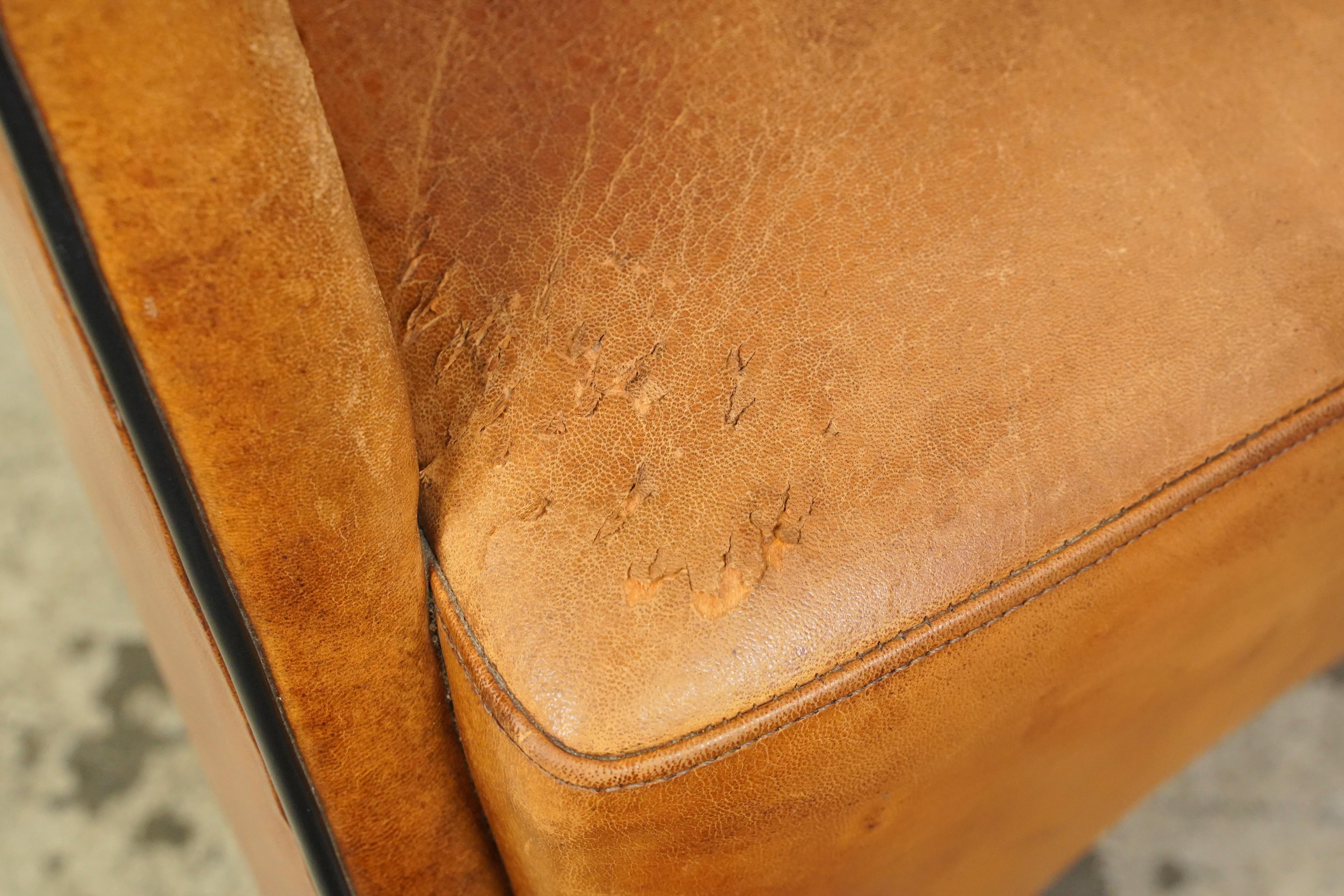 European Mid-Century Brown Leather Arm Dining Chairs In Good Condition For Sale In New York, NY