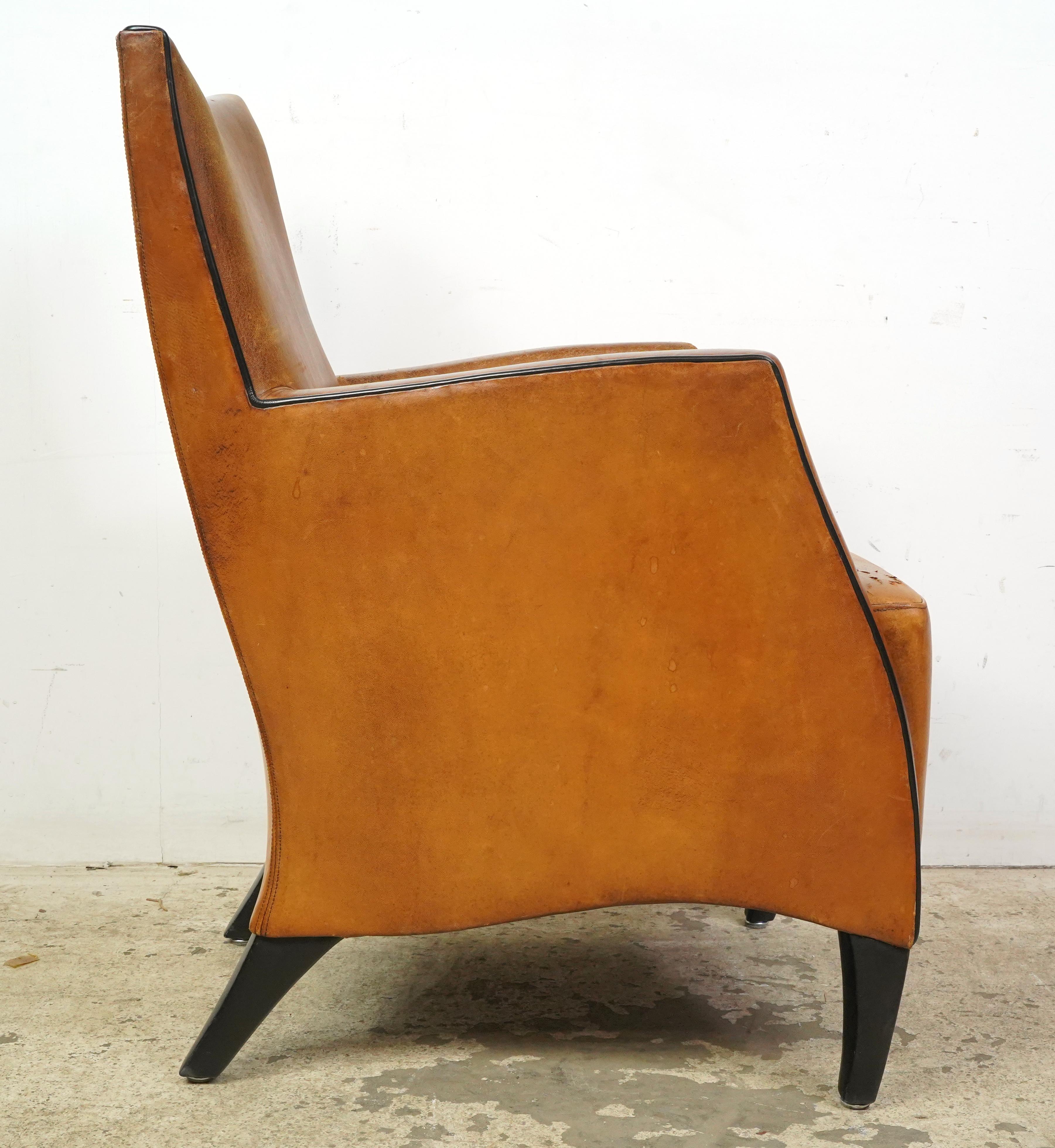 20th Century European Mid-Century Brown Leather Arm Dining Chairs For Sale