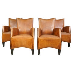 European Mid-Century Brown Leather Arm Dining Chairs