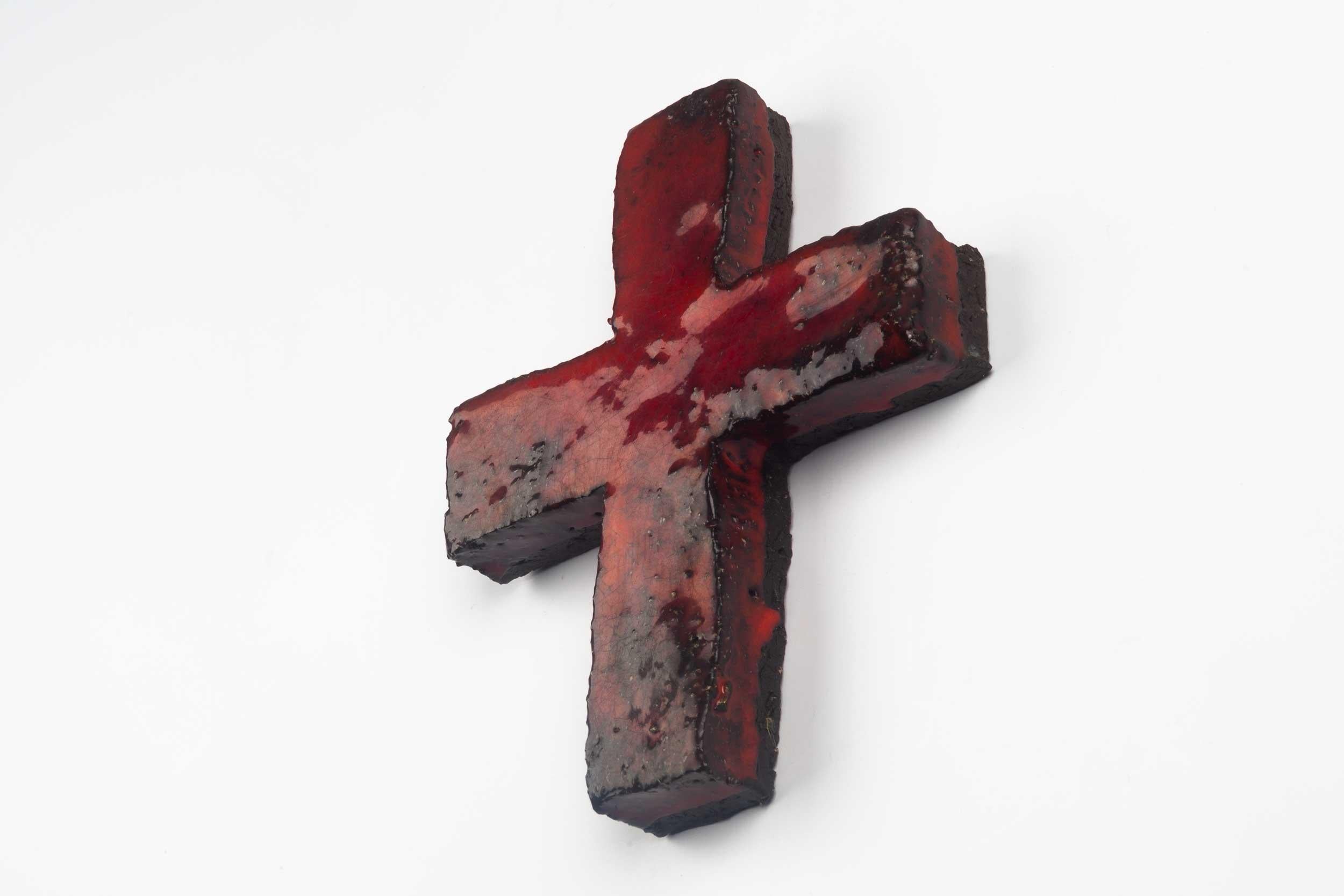 Clay European Mid-Century Crucifix, Textured Ceramic, Red, Black, 1970s