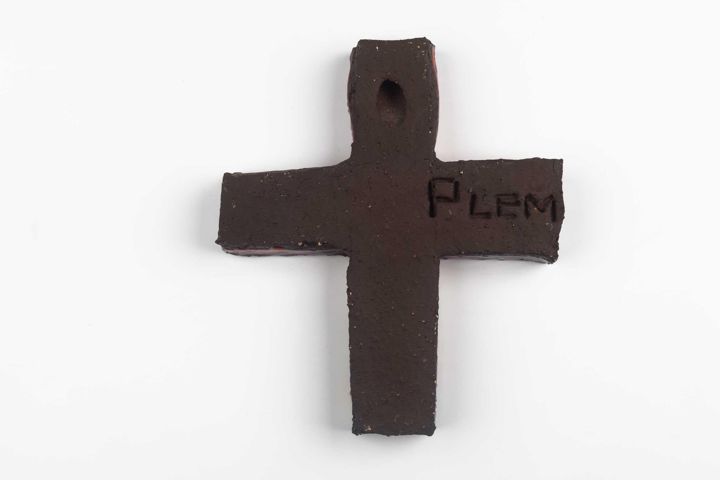European Mid-Century Crucifix, Textured Ceramic, Red, Black, 1970s 2