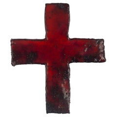 European Mid-Century Crucifix, Textured Ceramic, Red, Black, 1970s