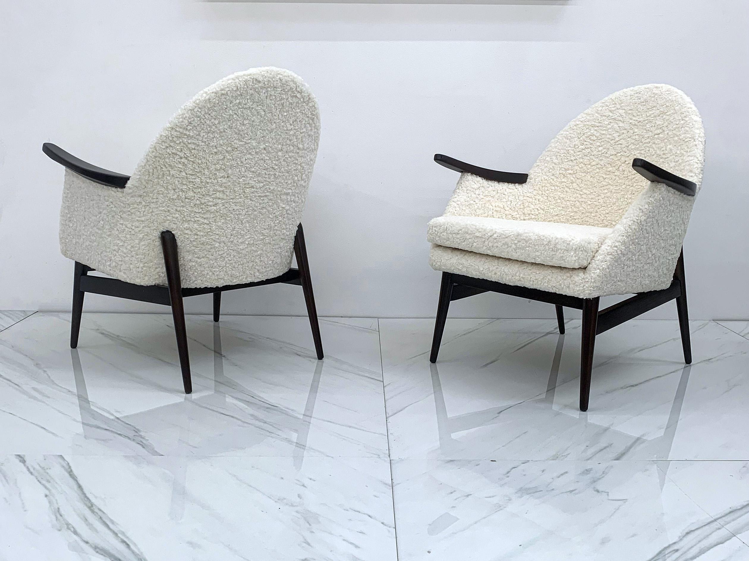 Walnut European Mid Century Lounge Chairs, a Pair, 1950's