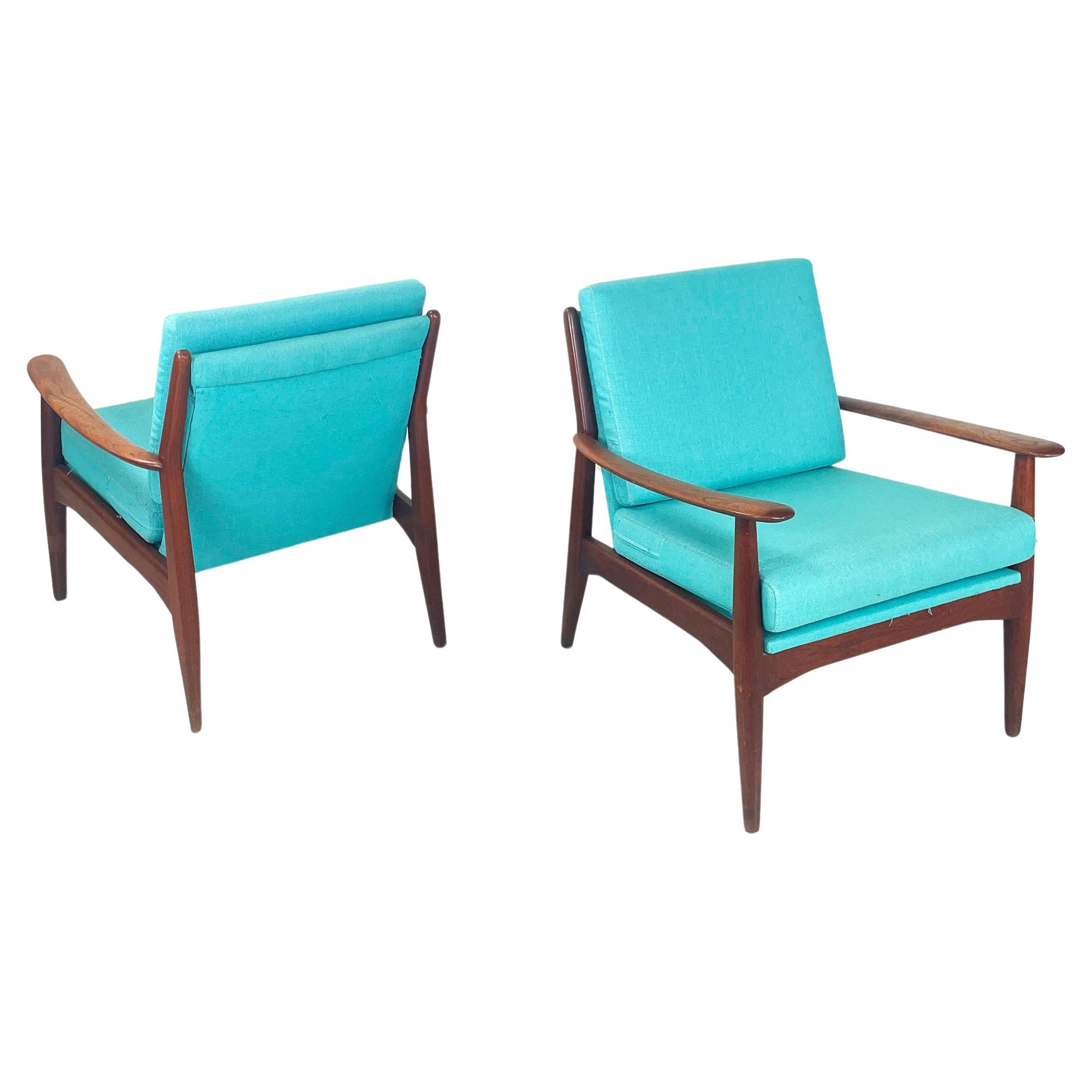 European mid-century modern Armchairs in light blue fabric and wood, 1960s For Sale