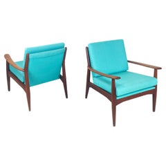 Vintage European mid-century modern Armchairs in light blue fabric and wood, 1960s