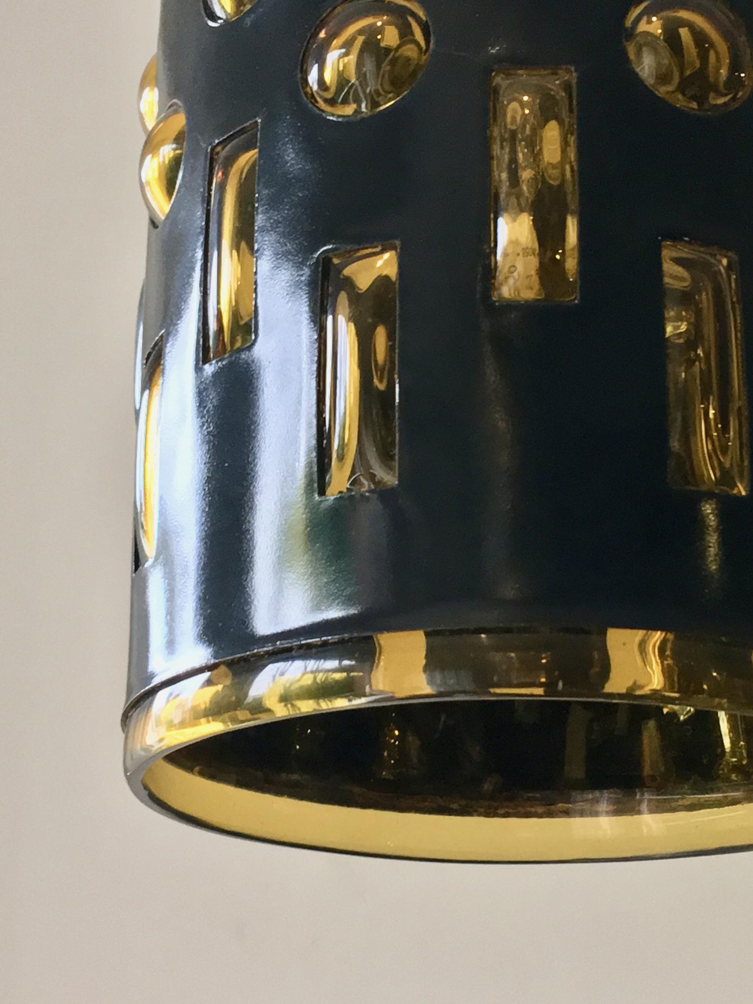 European Mid-Century Modern Blue/Black Pendant Light with Amber Glass Lining In Good Condition In London, GB