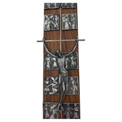 European Mid-Century Modern Crucifix on Rosewood, Religious theme Metal Reliefs