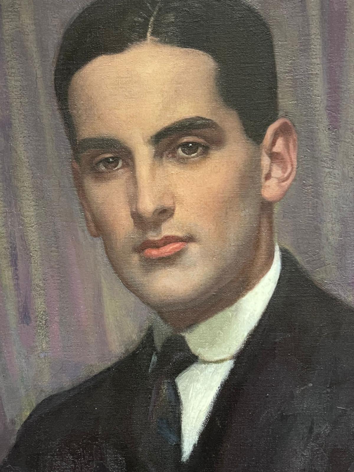 Large 1950's Portrait of Dashing Gentleman Oil Painting on Canvas For Sale 3