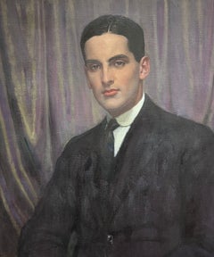 Grand portrait d'un fringant gentleman des années 1950 Peinture à l'huile sur toile