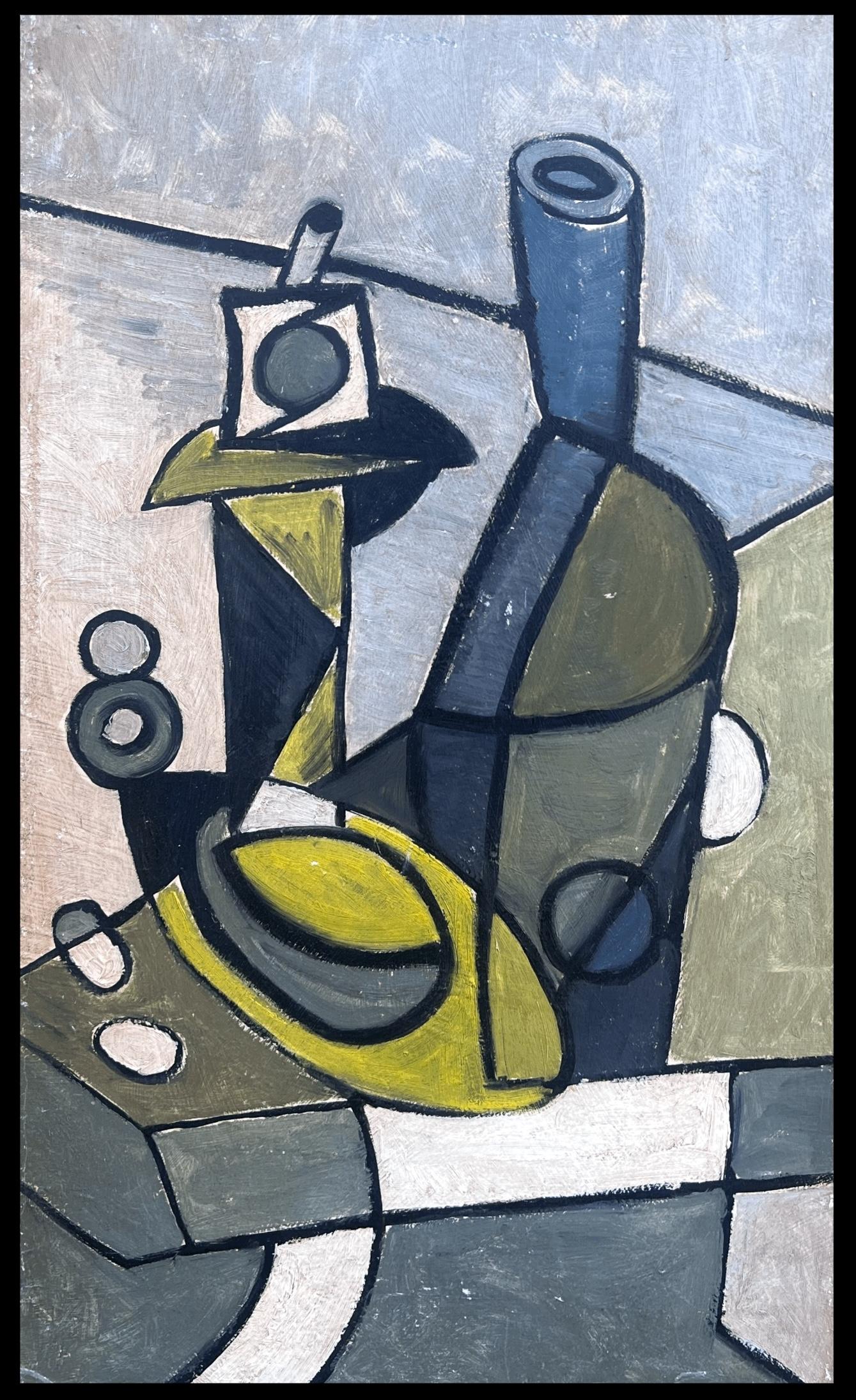 Pittura ad olio cubista astratta di forme geometriche della metà del secolo scorso - Painting di European Mid Century