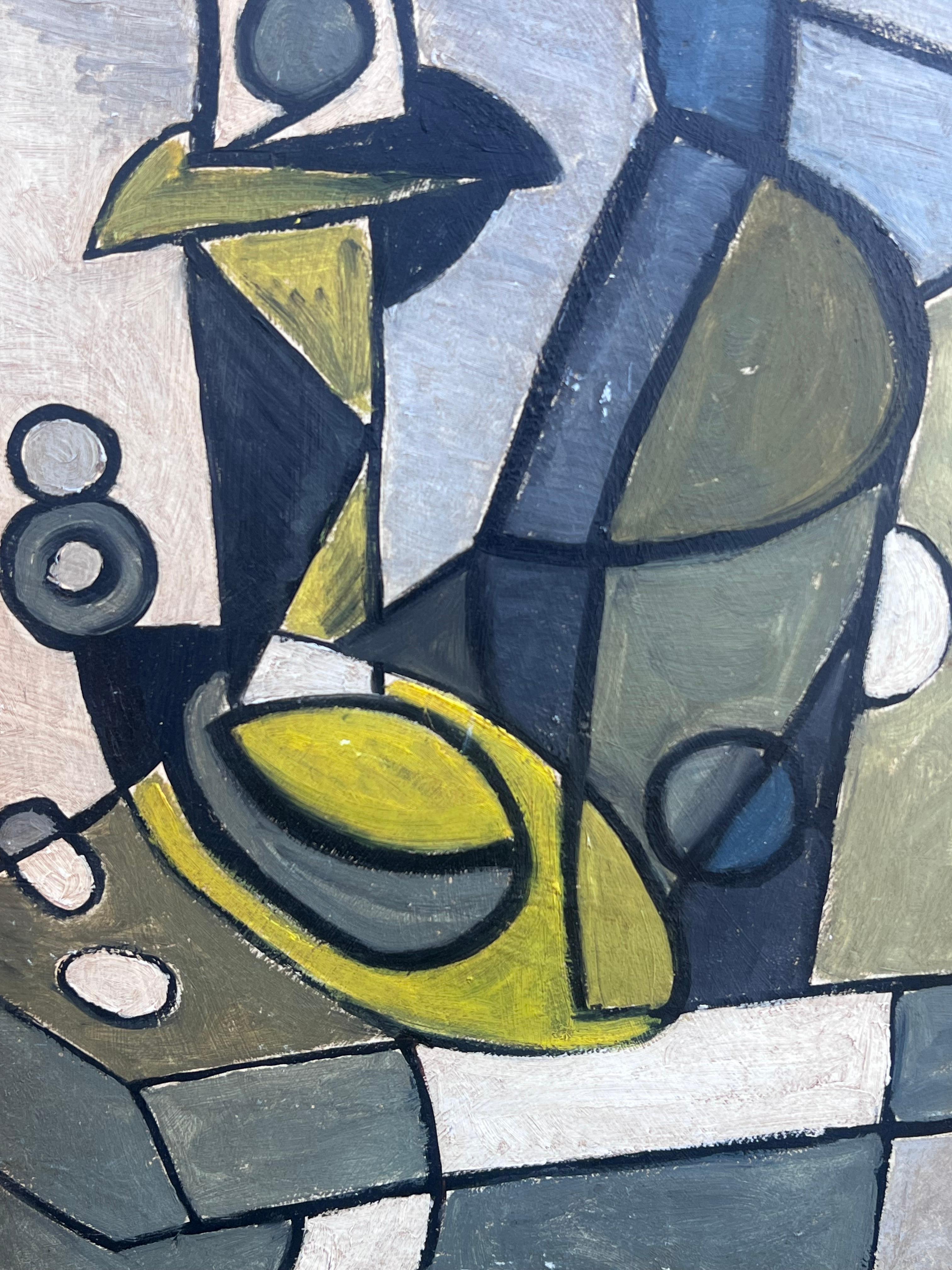 Pittura ad olio cubista astratta di forme geometriche della metà del secolo scorso - Interior Painting Grigio di European Mid Century