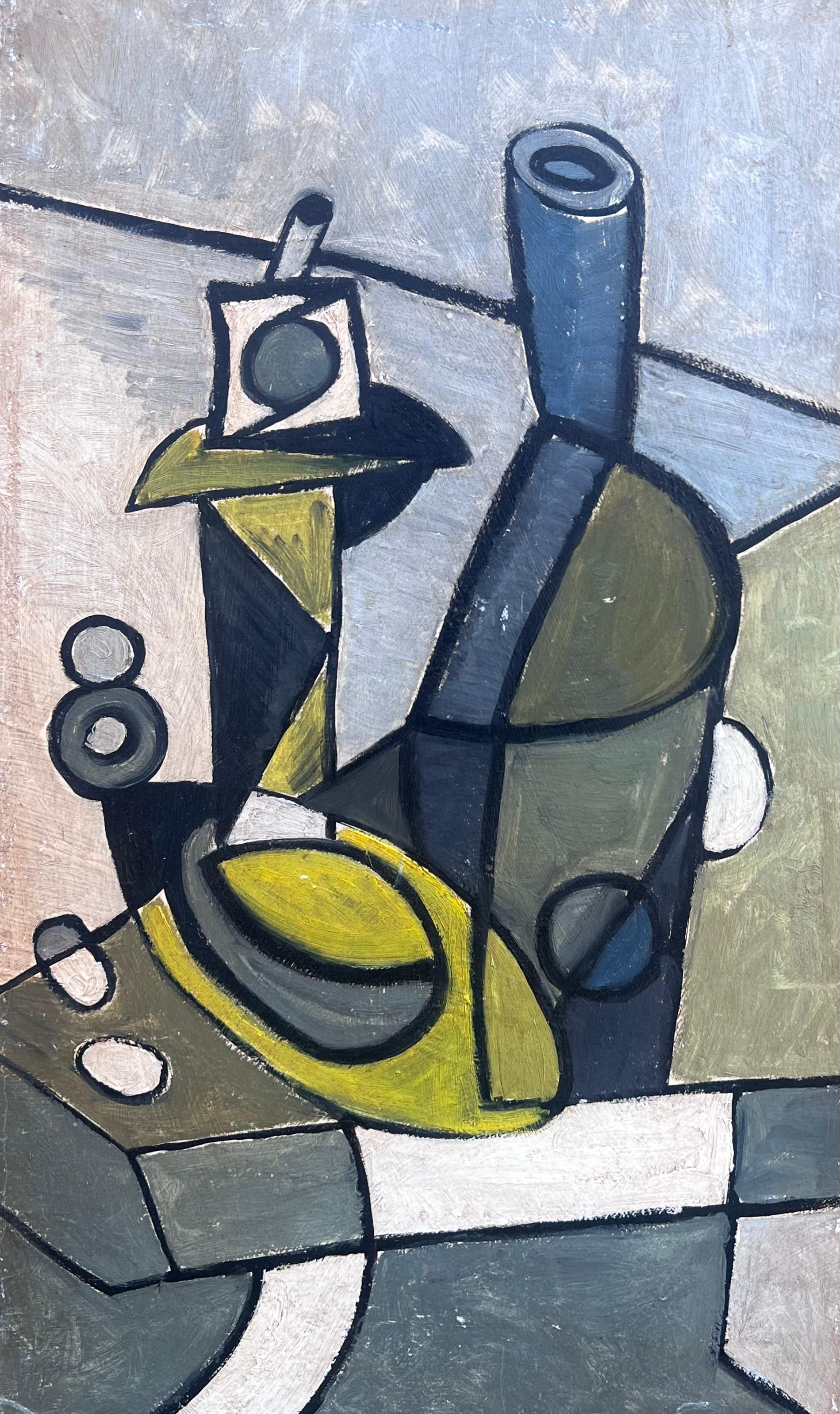 Mid Century European Cubist Abstract Geometric Shapes Composition Oil Painting