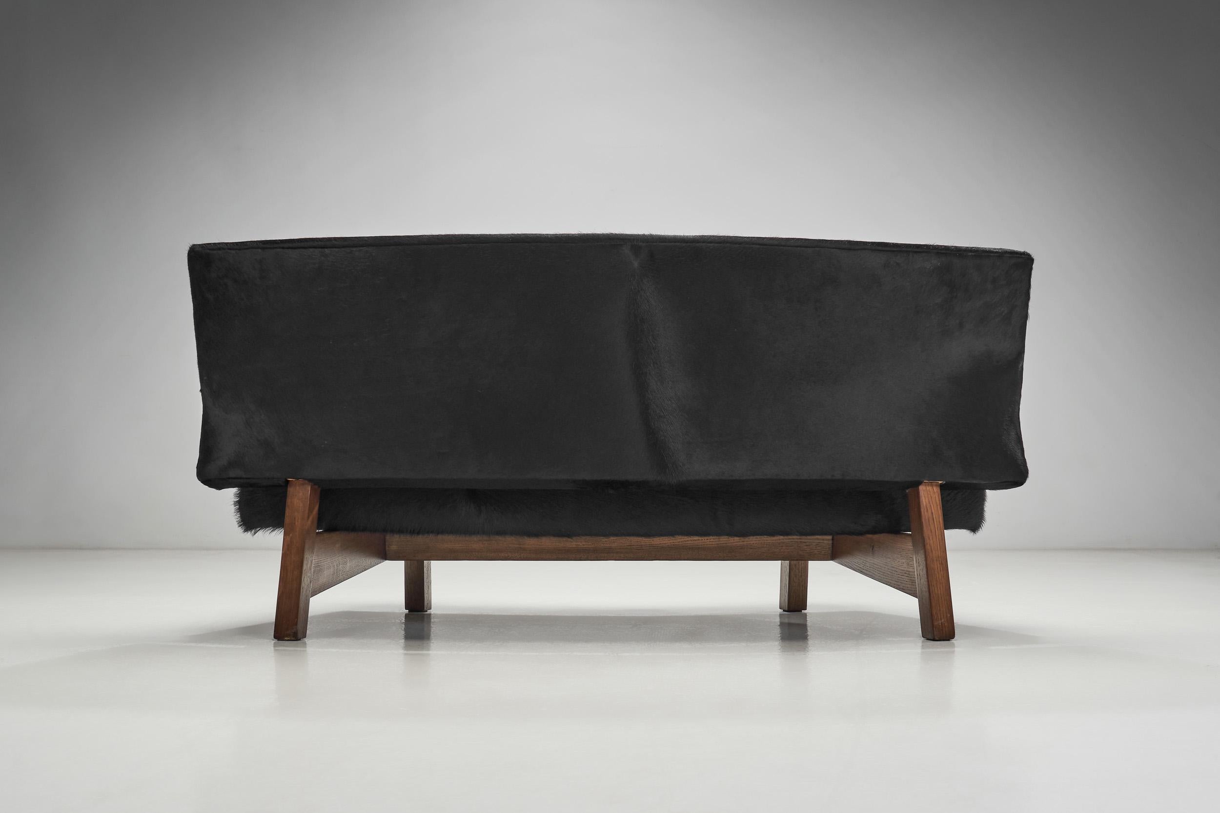 European Mid-Century Sofa in Black Cow Hide, Europe ca 1950s For Sale 4