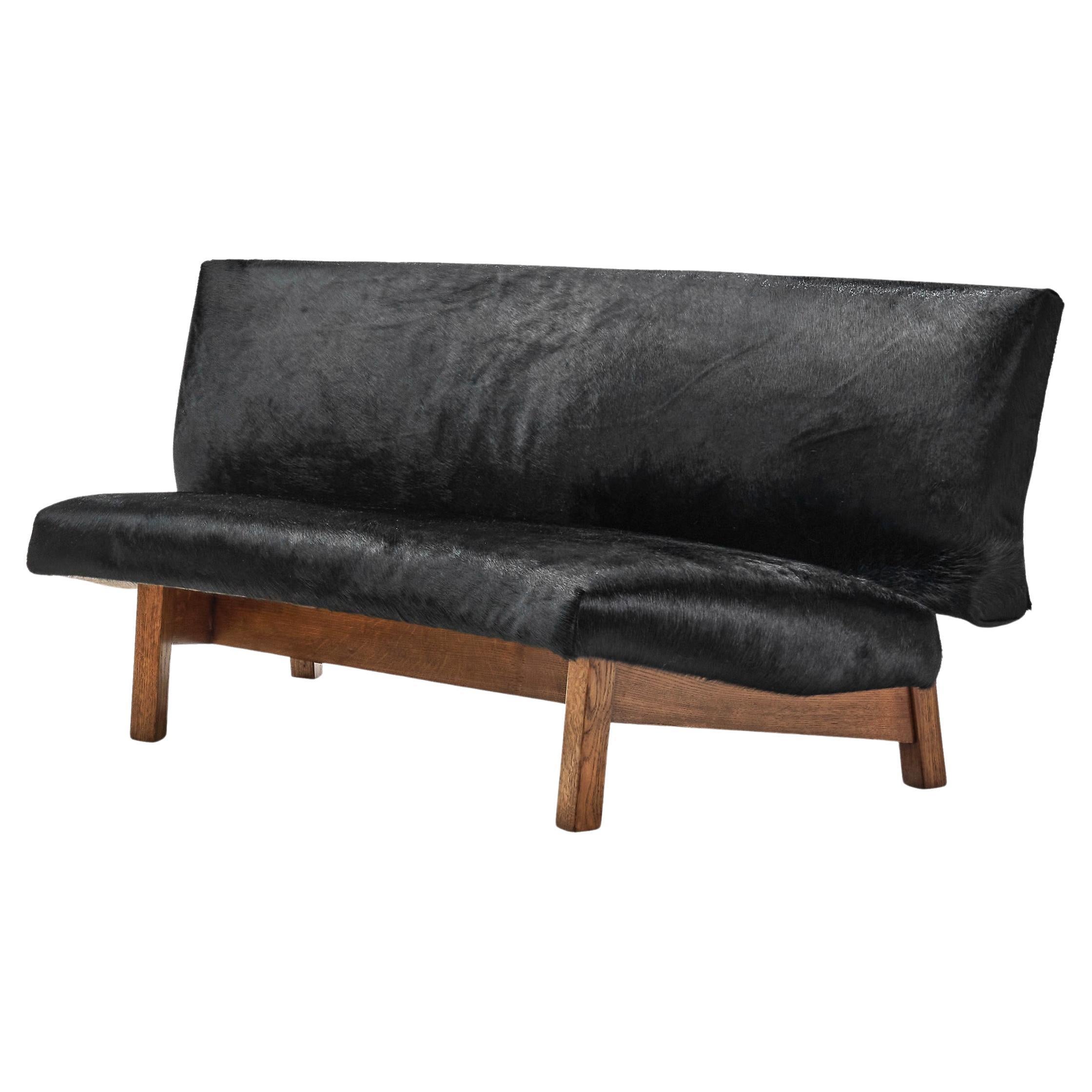 European Mid-Century Sofa in Black Cow Hide, Europe ca 1950s