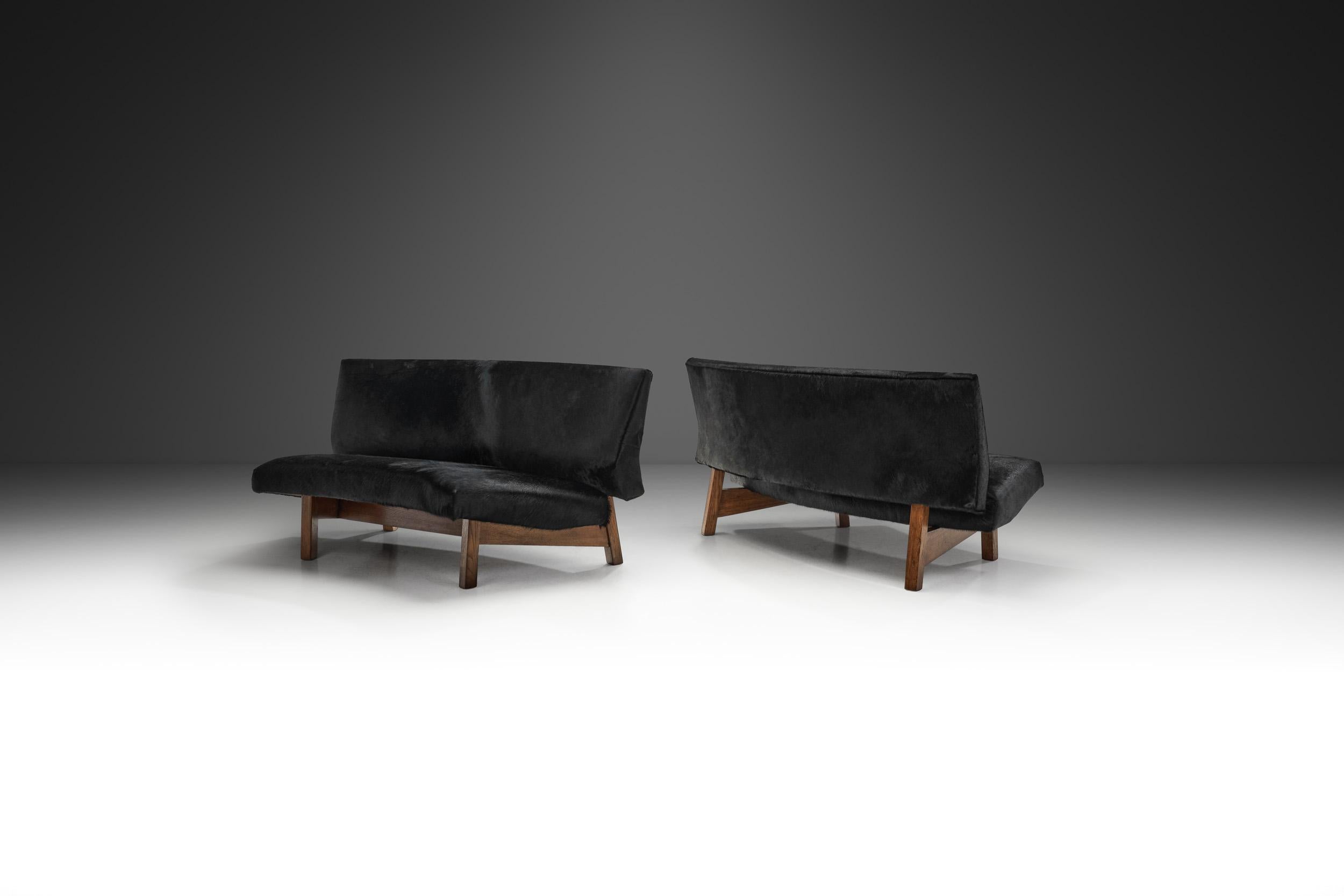 Mid-Century Modern European Mid-Century Two Part Sofa in Black Cow Hide, Europe Ca 1950s For Sale