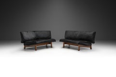 European Mid-Century Two Part Sofa in Black Cow Hide, Europe Ca 1950s