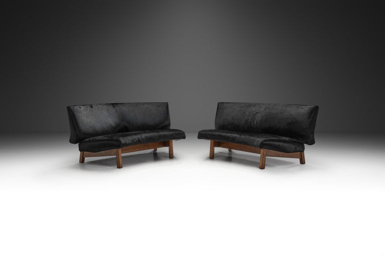 European MidCentury Two Part Sofa in Black Cow Hide, Europe Ca 1950s
