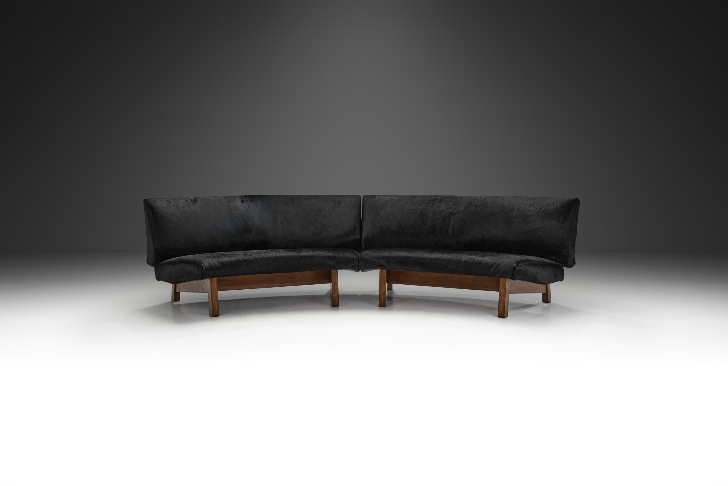 European Mid-Century Two Part Sofa in Black Cow Hide, Europe Ca 1950s In Good Condition For Sale In Utrecht, NL
