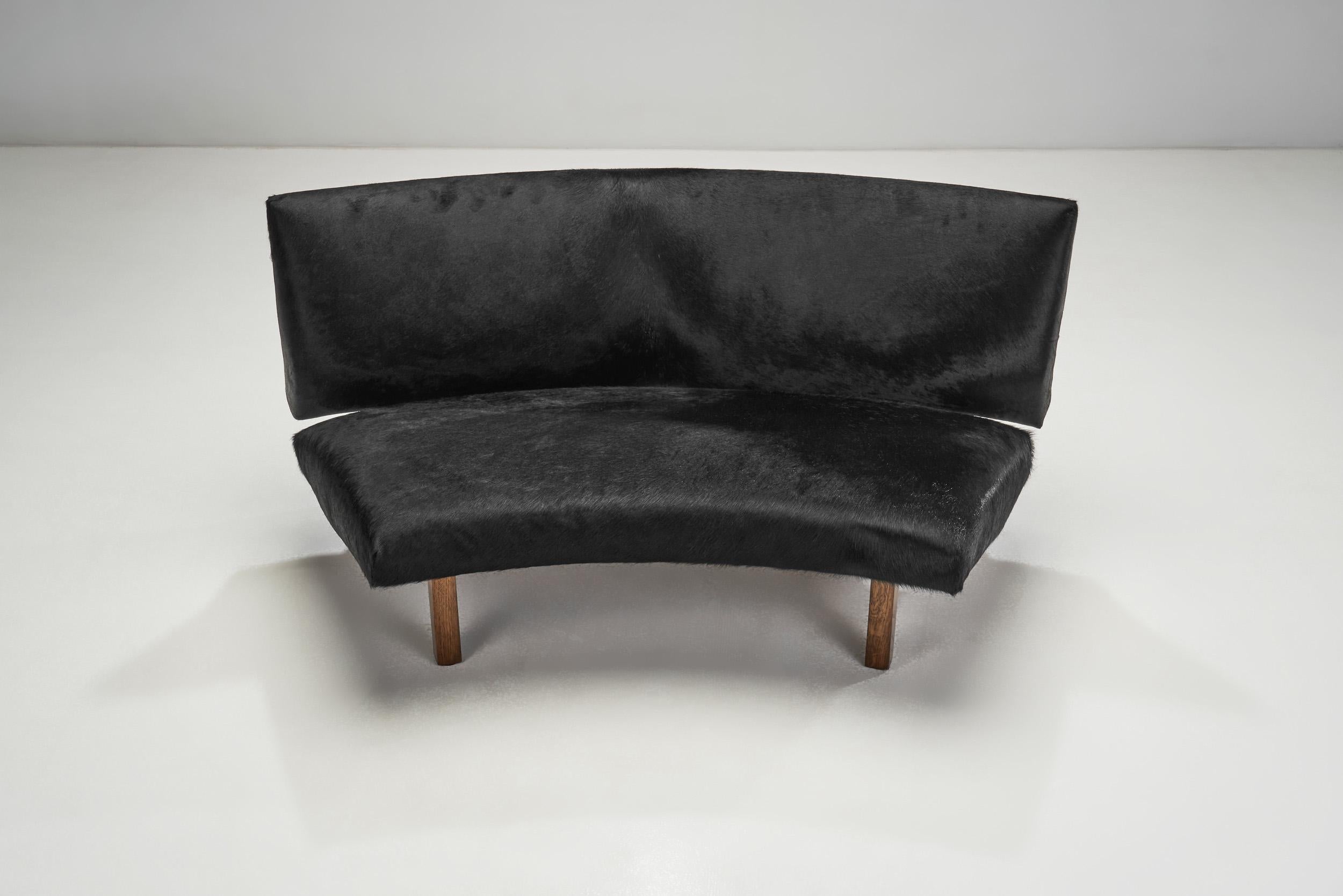 Cowhide European Mid-Century Two Part Sofa in Black Cow Hide, Europe Ca 1950s For Sale