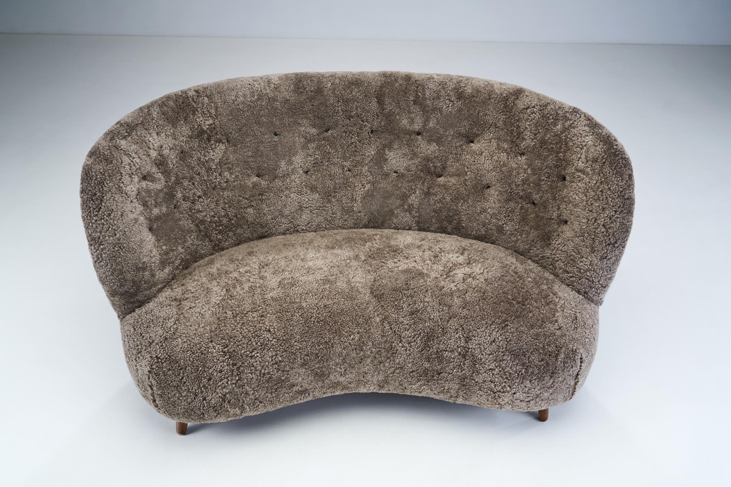 Mid-20th Century European Mid-Century Upholstered Crescent Sofa, Europe, ca 1950s For Sale