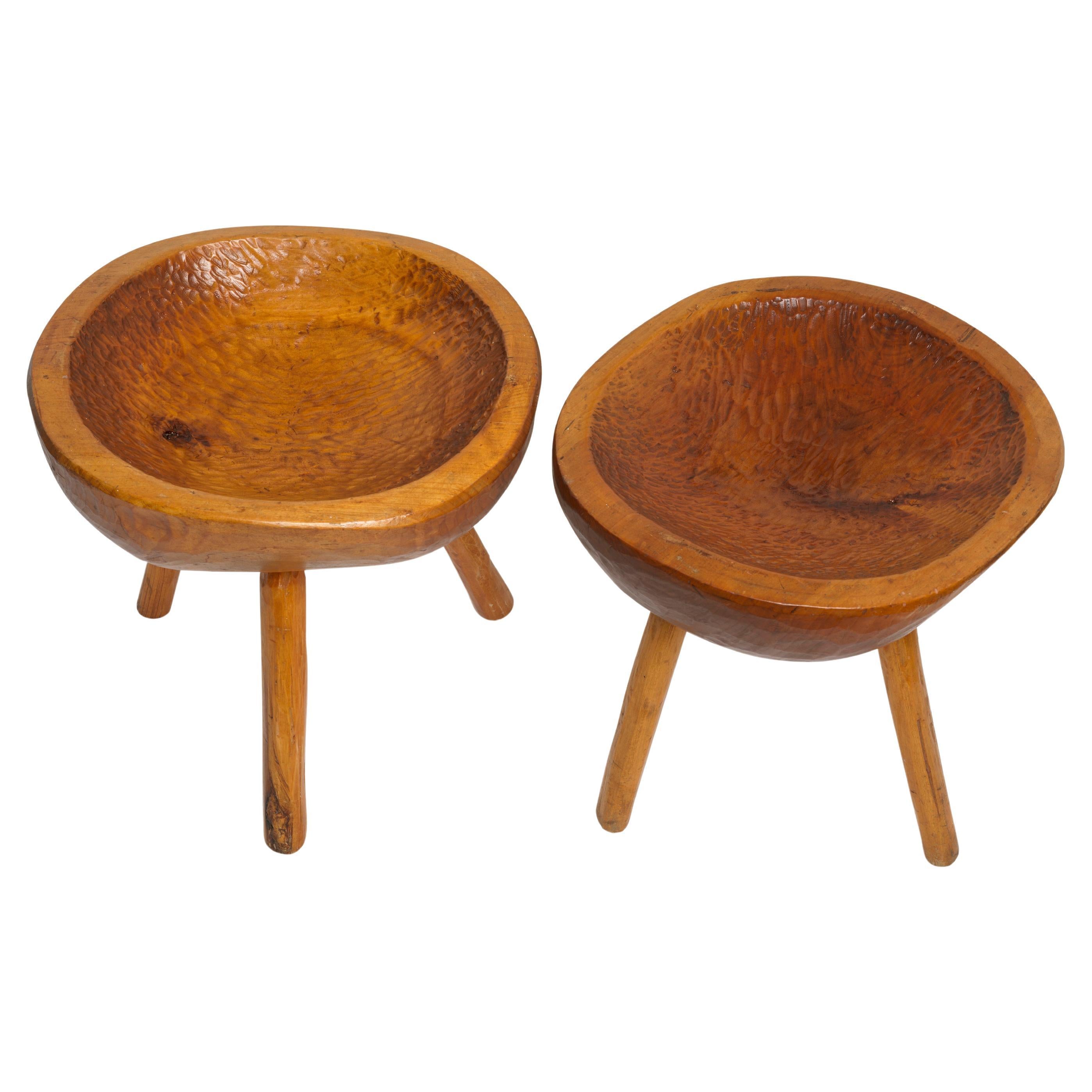 European Mid-Century Wooden Stools with Hand-Carved Scoop Seats, Europe ca 1950s For Sale