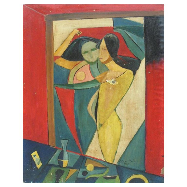 European Midcentury Cubist Painting 'Nude' by Koroly Glonczy, Hungary, 1957 For Sale
