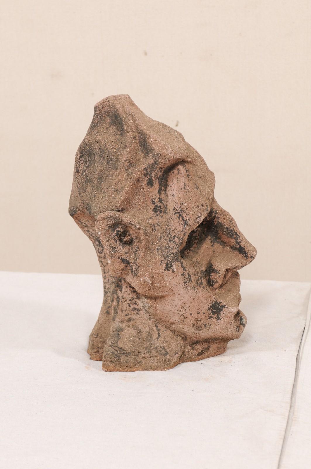 European Midcentury Cubist Style Head Sculpture of Cast Stone 1