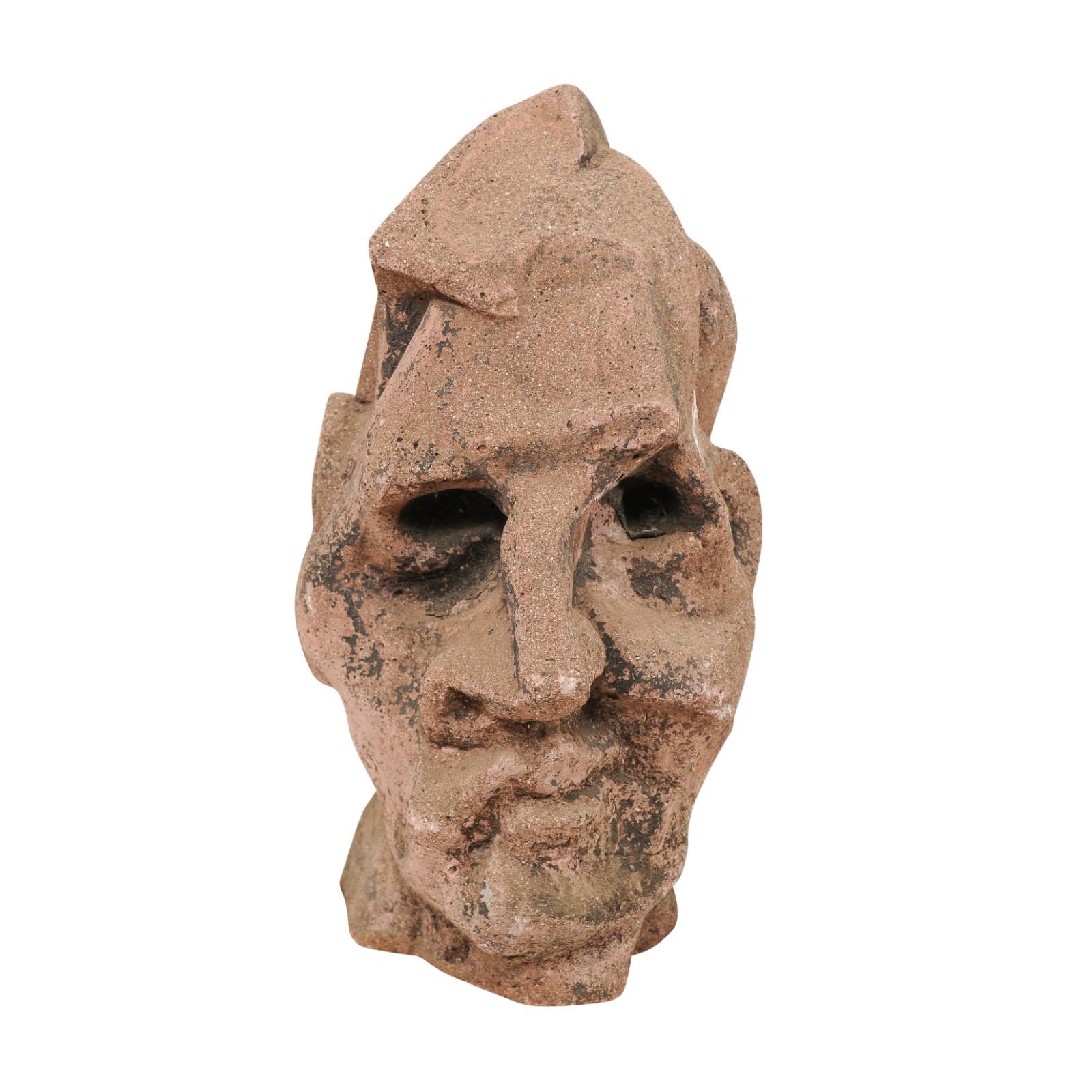 European Midcentury Cubist Style Head Sculpture of Cast Stone