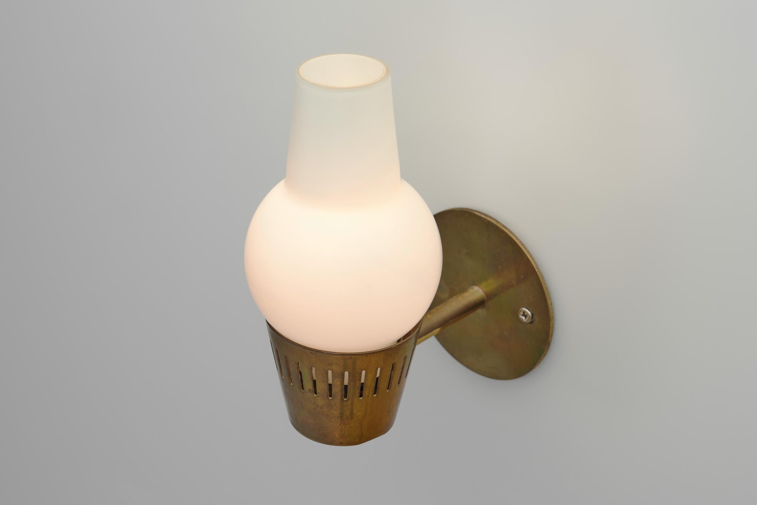 European Modern Brass and Opaque Matte Glass Wall Lamps, Europe 1960s For Sale 6