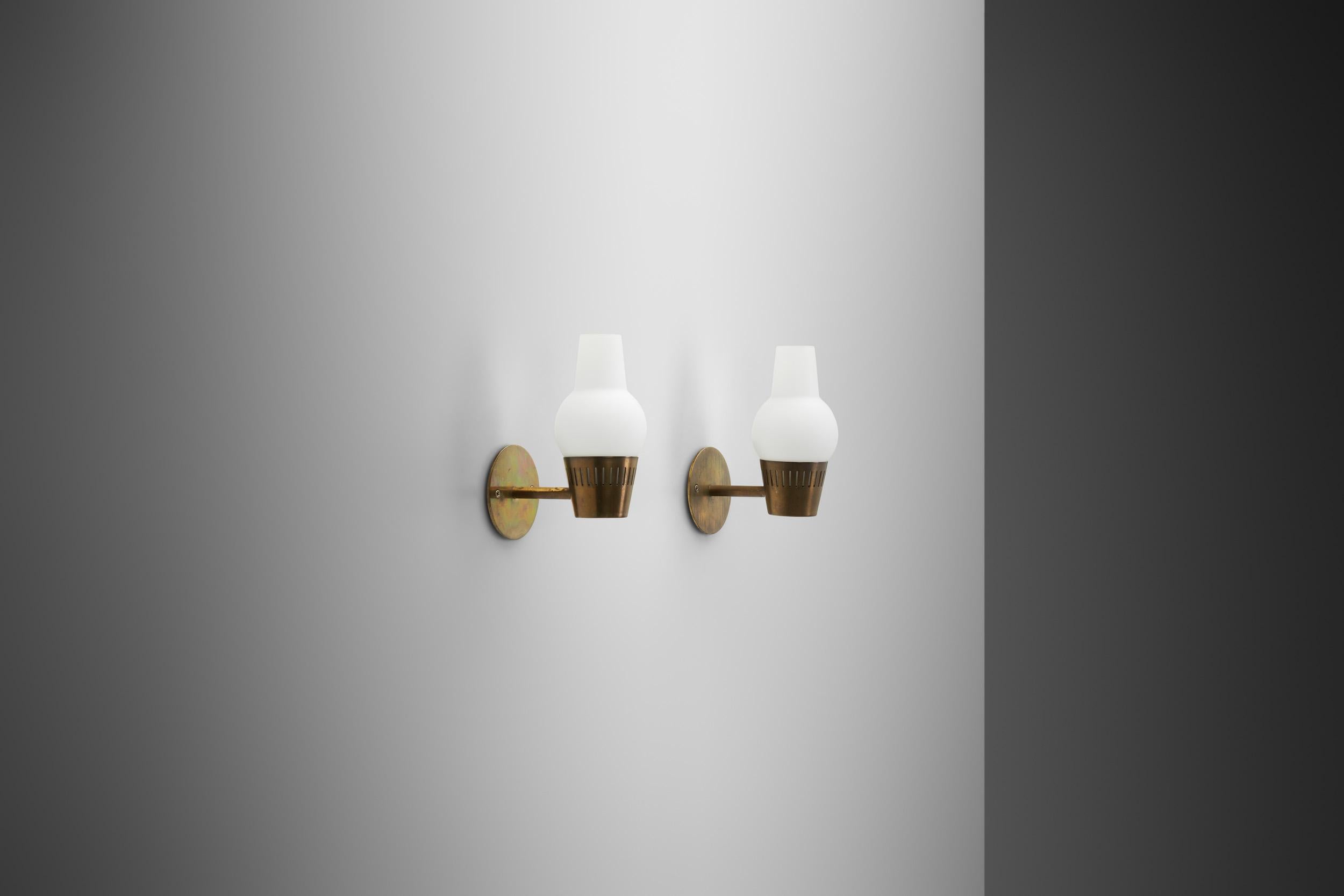 Mid-Century Modern European Modern Brass and Opaque Matte Glass Wall Lamps, Europe 1960s For Sale