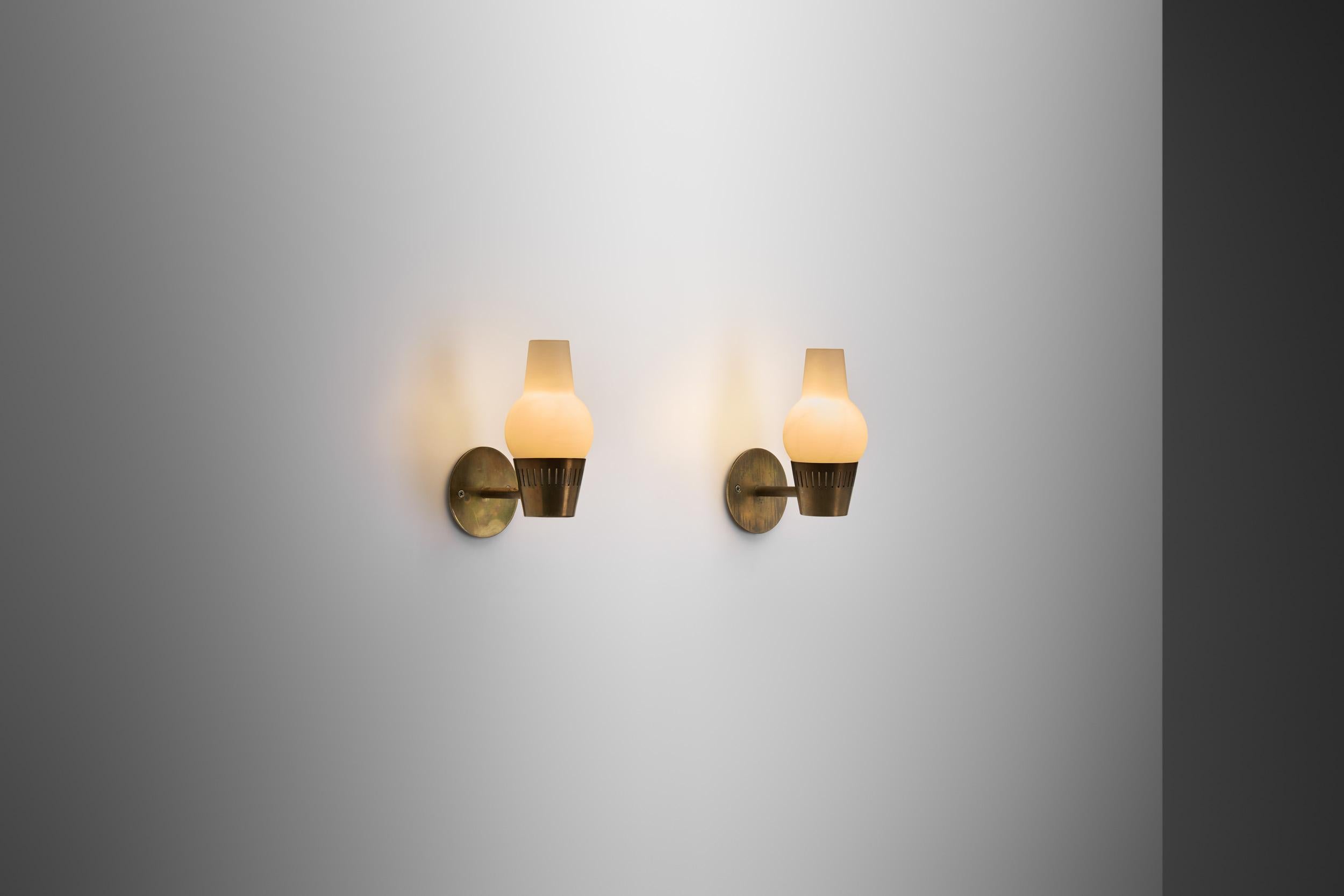 European Modern Brass and Opaque Matte Glass Wall Lamps, Europe 1960s In Good Condition For Sale In Utrecht, NL