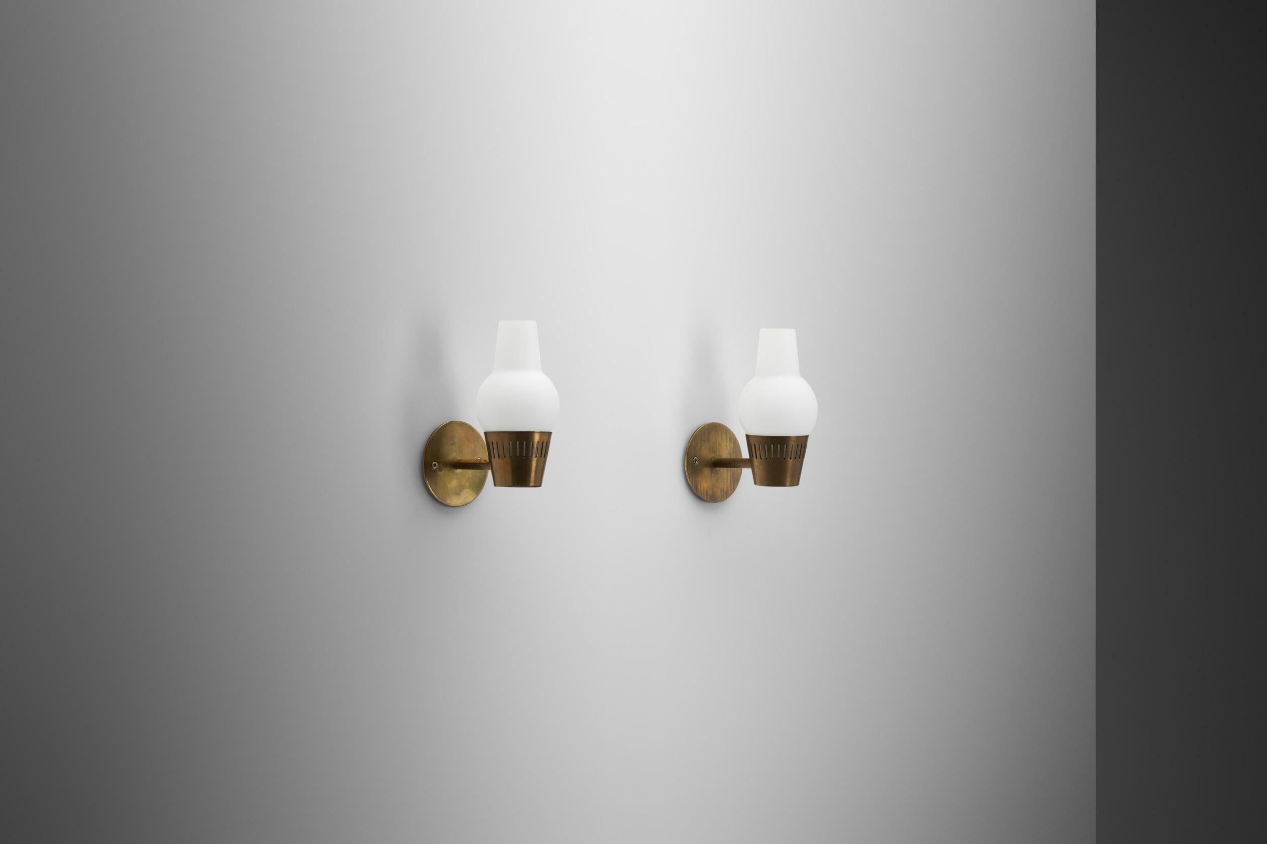 Mid-20th Century European Modern Brass and Opaque Matte Glass Wall Lamps, Europe 1960s For Sale