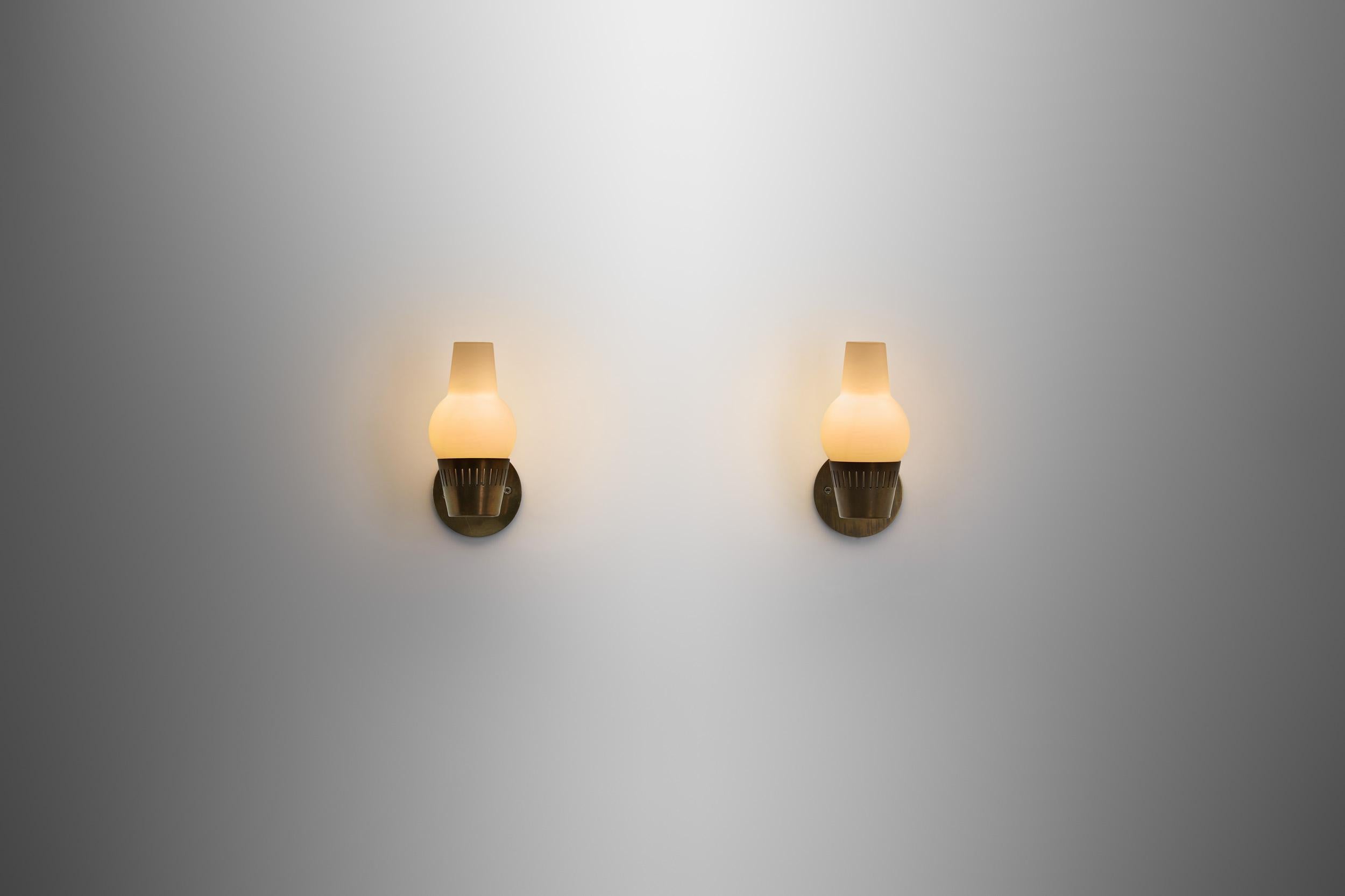 European Modern Brass and Opaque Matte Glass Wall Lamps, Europe 1960s For Sale 1