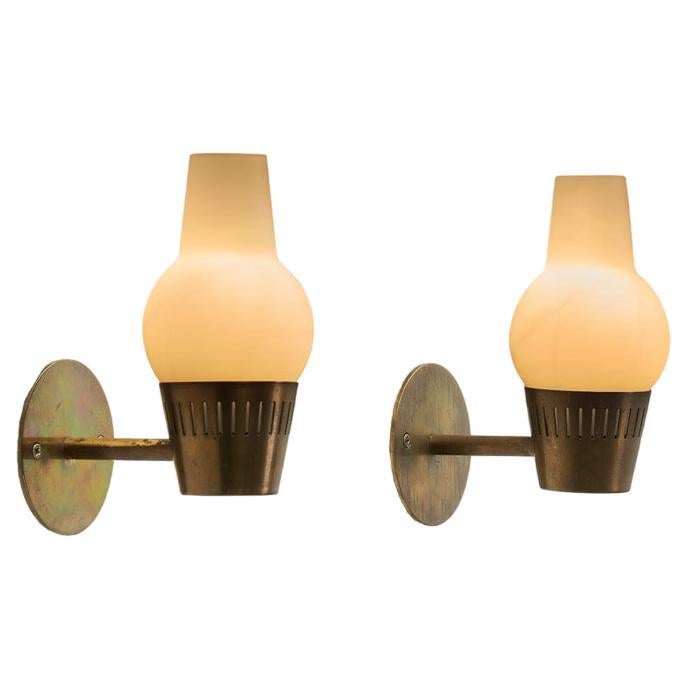 European Modern Brass and Opaque Matte Glass Wall Lamps, Europe 1960s For Sale